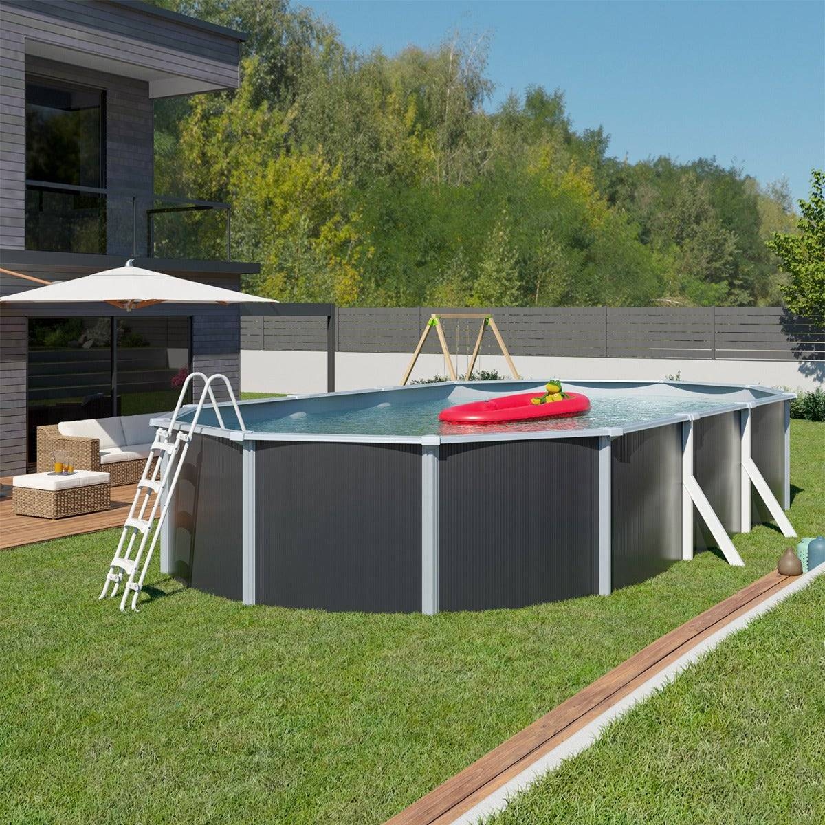 Piscine hors sol acier ovale 7,60 x 4,55 x 1,32 m anthracite VARUNA - Image 2