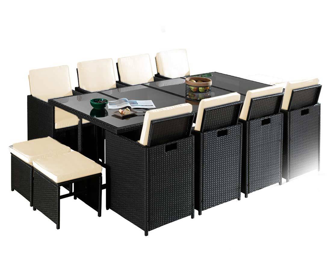 Best Mobilier - Fira - Salon de jardin encastrable 12 places - en résine tressée - Noir avec coussins beiges + housse de protection - Best Mobilier - Image 1