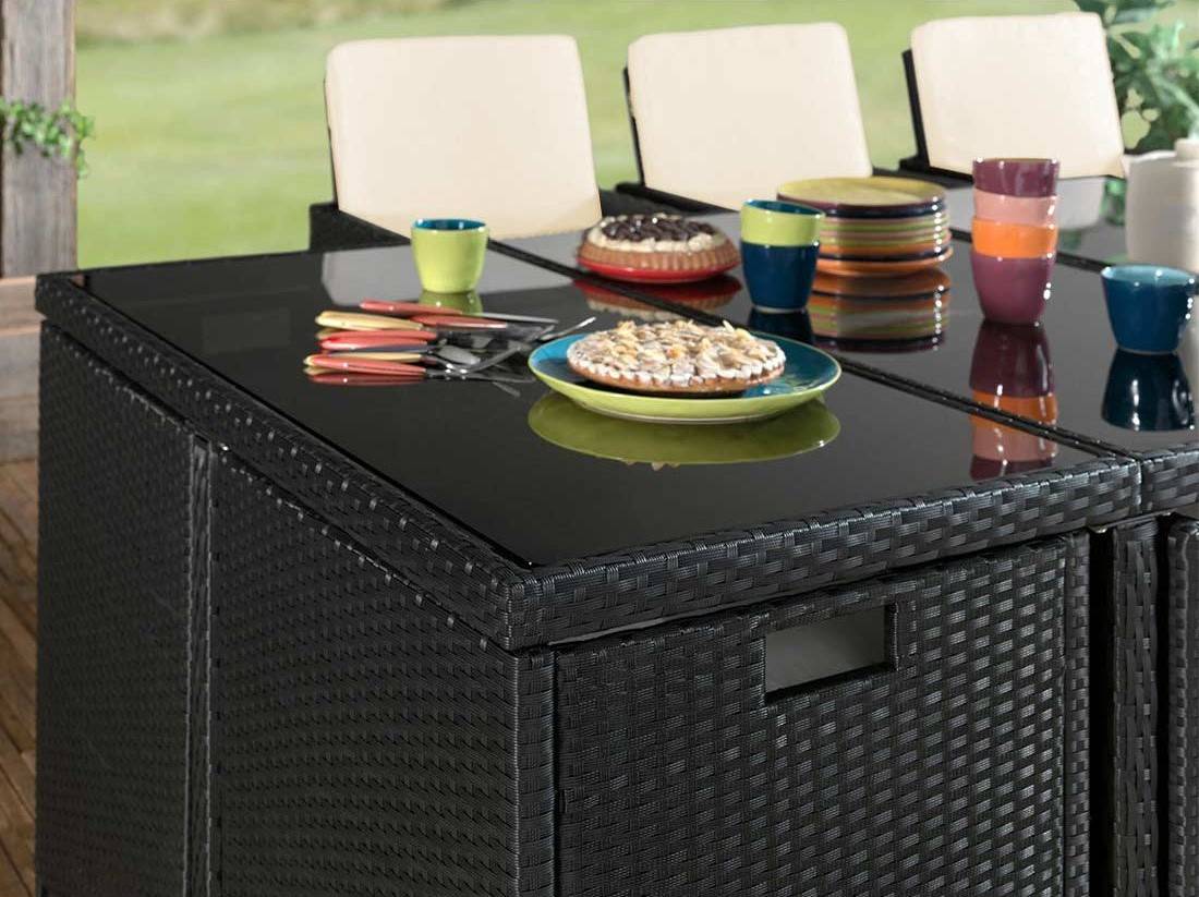 Best Mobilier - Fira - Salon de jardin encastrable 12 places - en résine tressée - Noir avec coussins beiges + housse de protection - Best Mobilier - Image 4