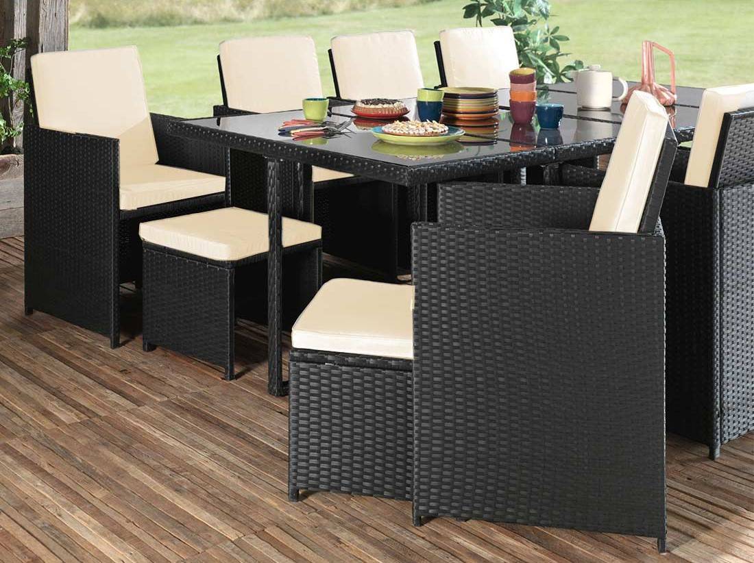 Best Mobilier - Fira - Salon de jardin encastrable 12 places - en résine tressée - Noir avec coussins beiges + housse de protection - Best Mobilier - Image 3
