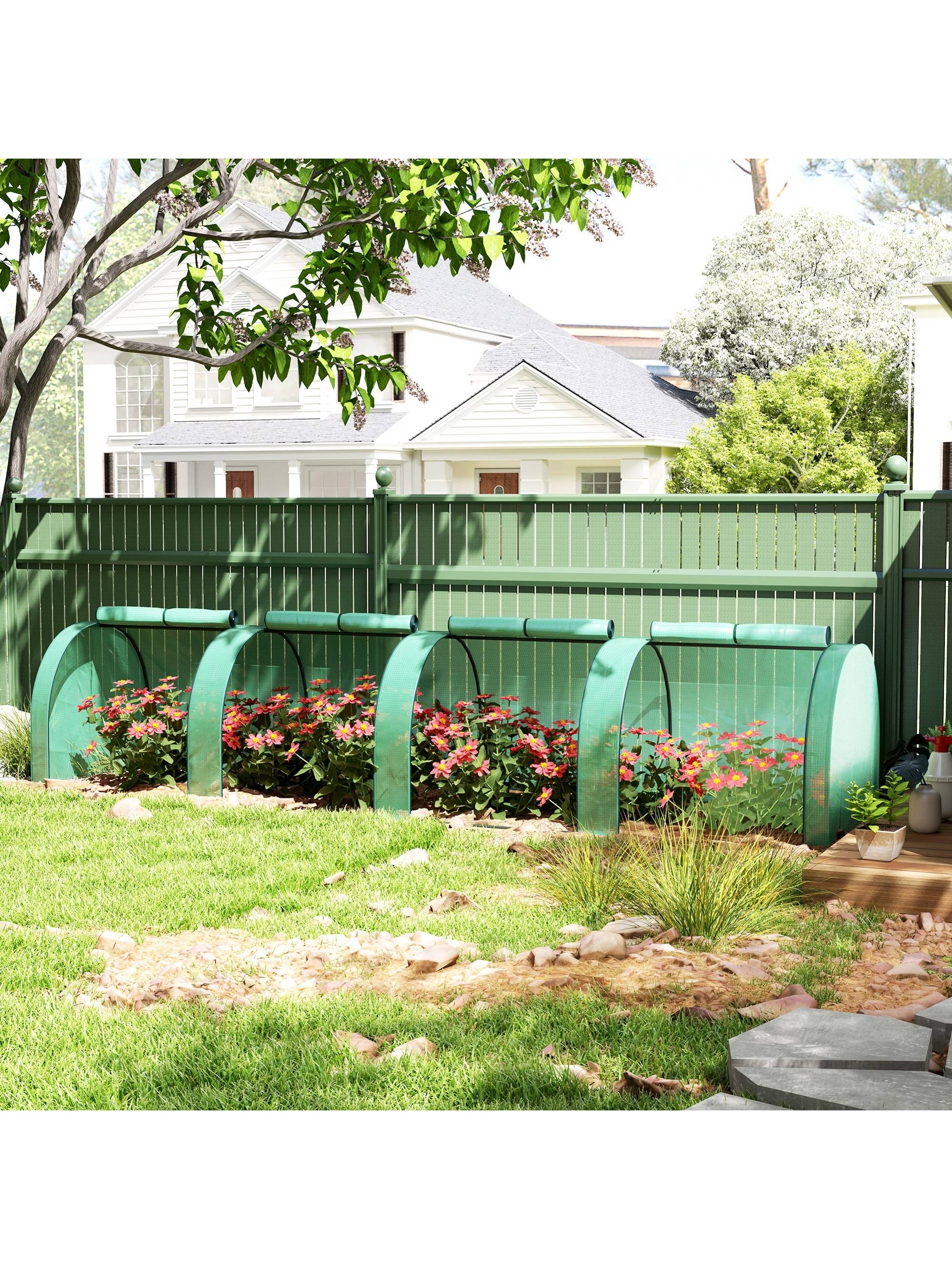 ComfortXL - Serre tunnel acier 395 x 100 x 80 cm verte pour jardin balcon terrasse avec 4 ouvertures zippées et bâche PE - Image 10