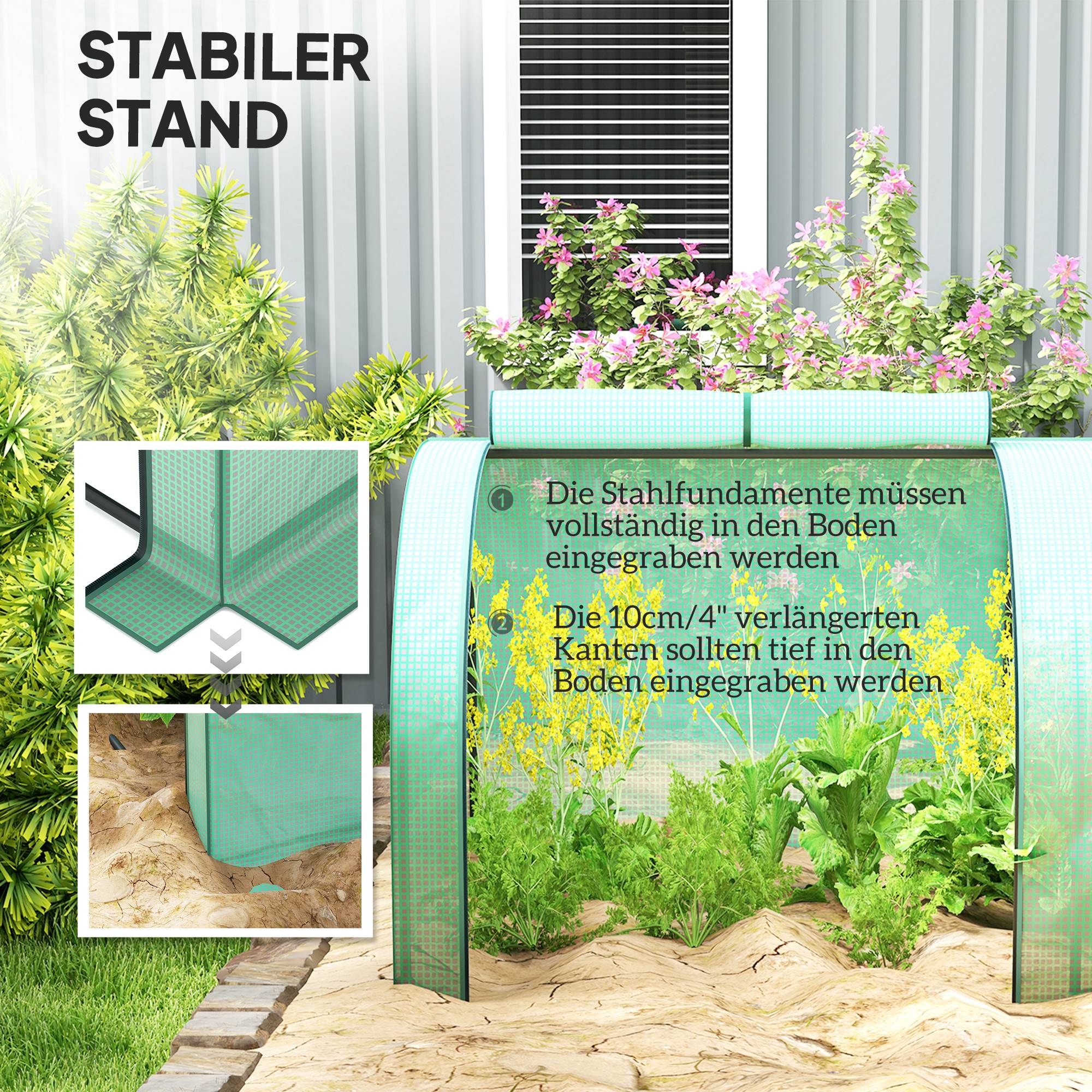 ComfortXL - Serre tunnel acier 395 x 100 x 80 cm verte pour jardin balcon terrasse avec 4 ouvertures zippées et bâche PE - Image 5