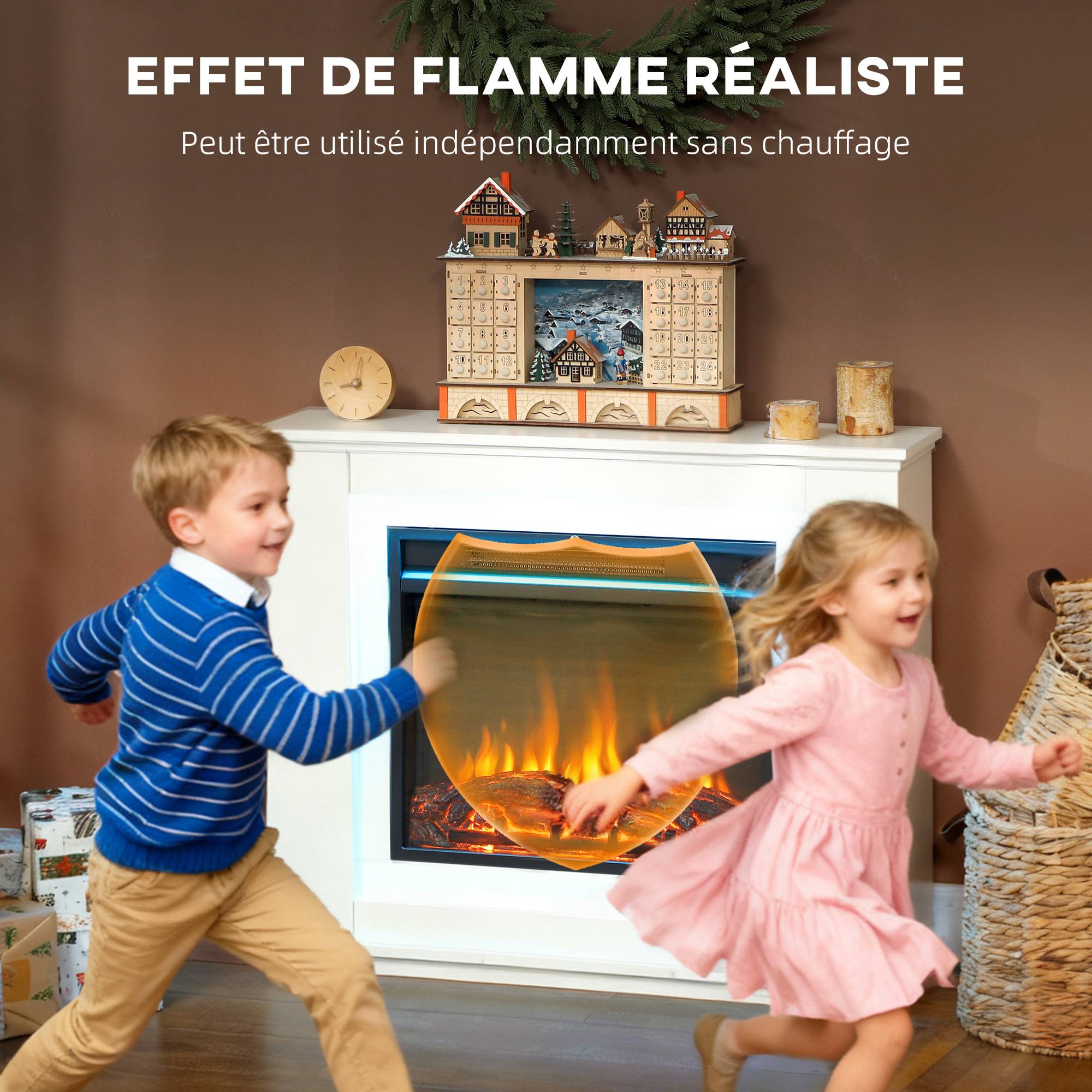 Cheminée électrique 1000W/2000W fausse cheminée effet flamme à 12 couleurs et 5 luminosités réglables 98x25x80cm blanc - Image 9