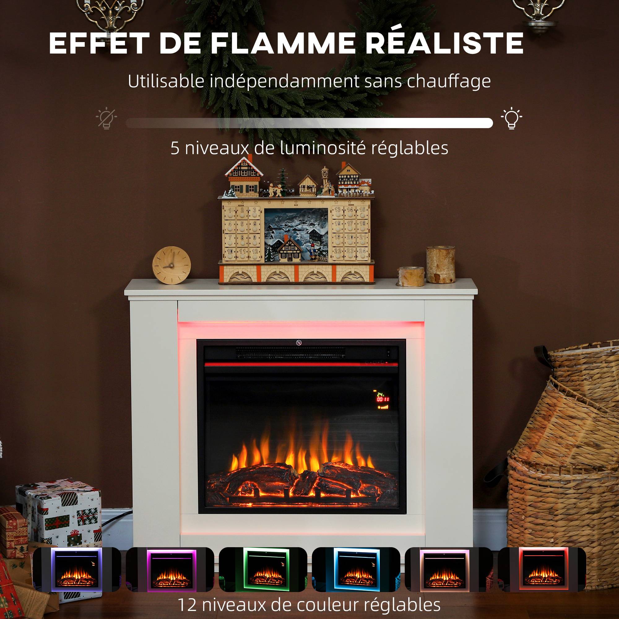 Cheminée électrique 1000W/2000W fausse cheminée effet flamme à 12 couleurs et 5 luminosités réglables 98x25x80cm blanc - Image 6
