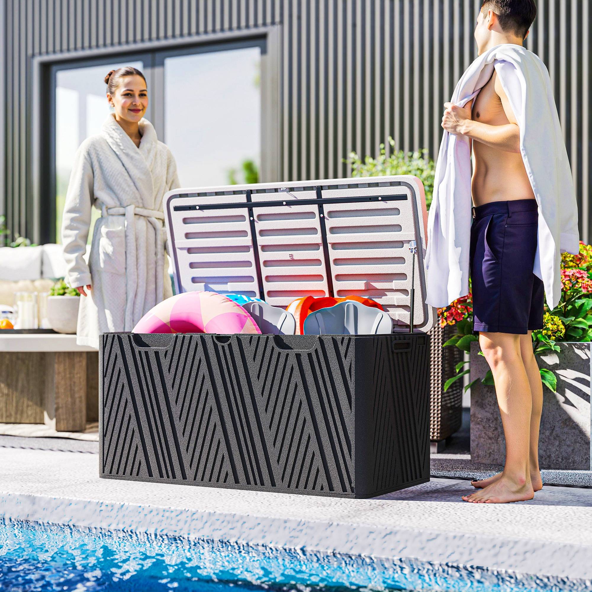 Banc coffre extérieur 380L en résine HDPE avec vérin à gaz pour terrasse 115x60x60cm Noir - ComfortXL Outdoor Living - Image 10