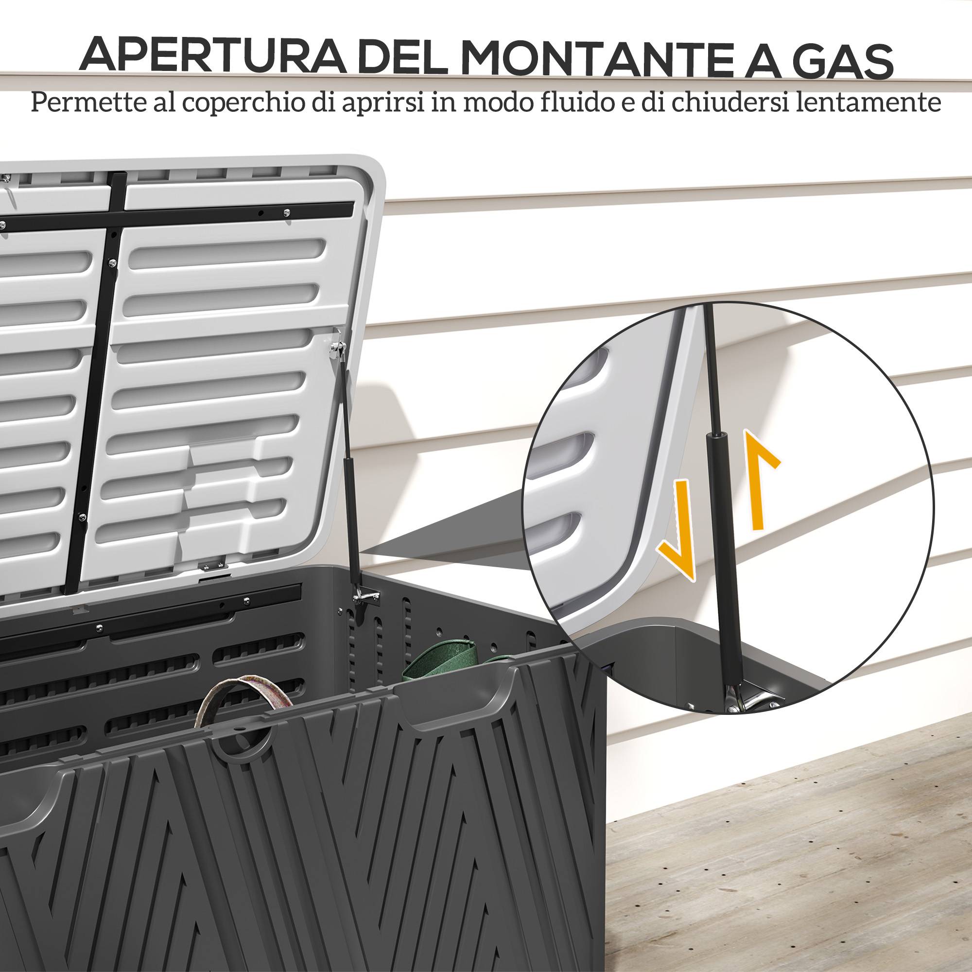 Banc coffre extérieur 380L en résine HDPE avec vérin à gaz pour terrasse 115x60x60cm Noir - ComfortXL Outdoor Living - Image 8