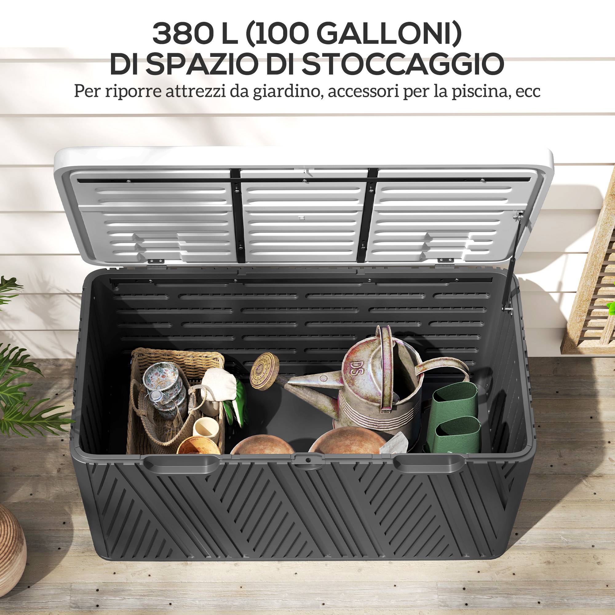 Banc coffre extérieur 380L en résine HDPE avec vérin à gaz pour terrasse 115x60x60cm Noir - ComfortXL Outdoor Living - Image 6