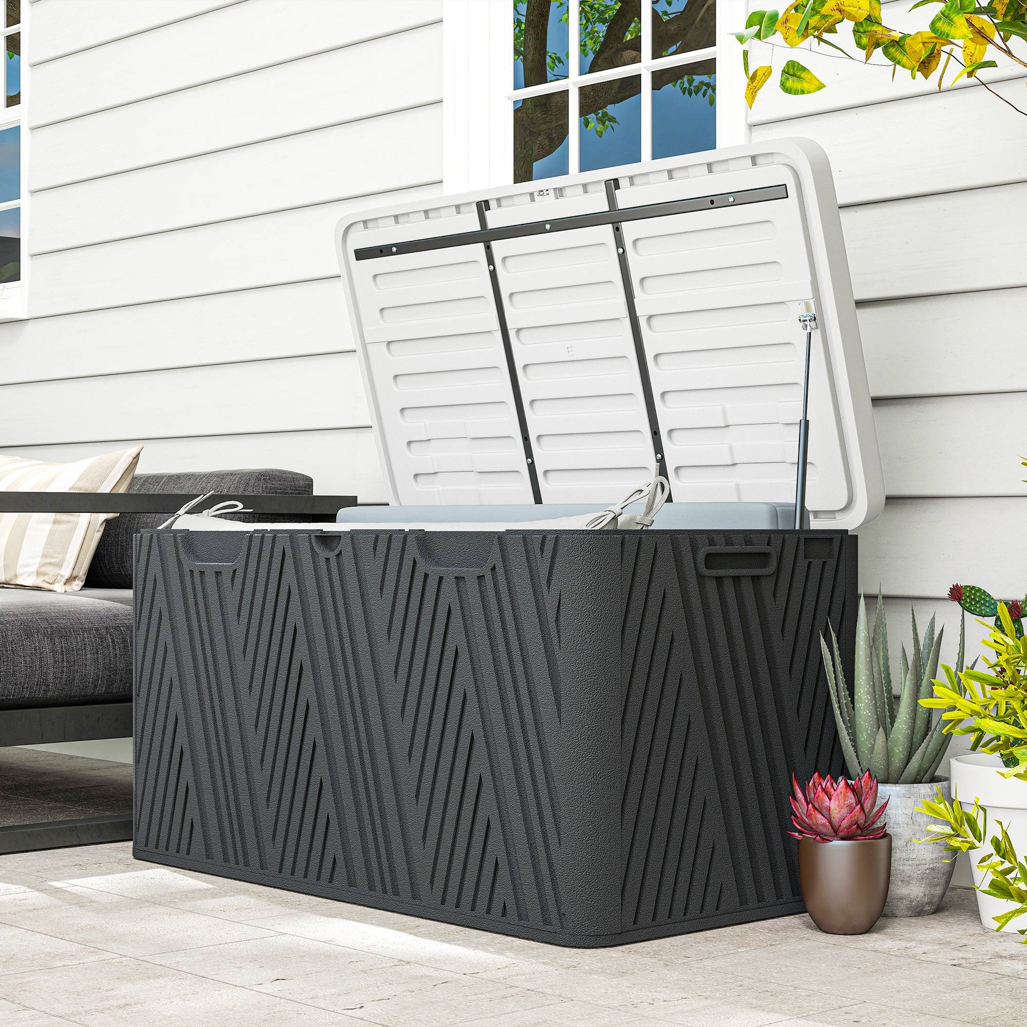 Banc coffre extérieur 380L en résine HDPE avec vérin à gaz pour terrasse 115x60x60cm Noir - ComfortXL Outdoor Living - Image 4