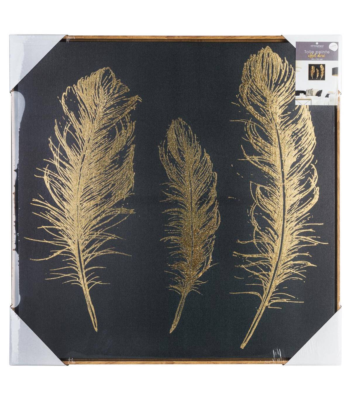 Toile peinte avec plumes dorées et cadre effet bois 78 x 78 cm - Image 2