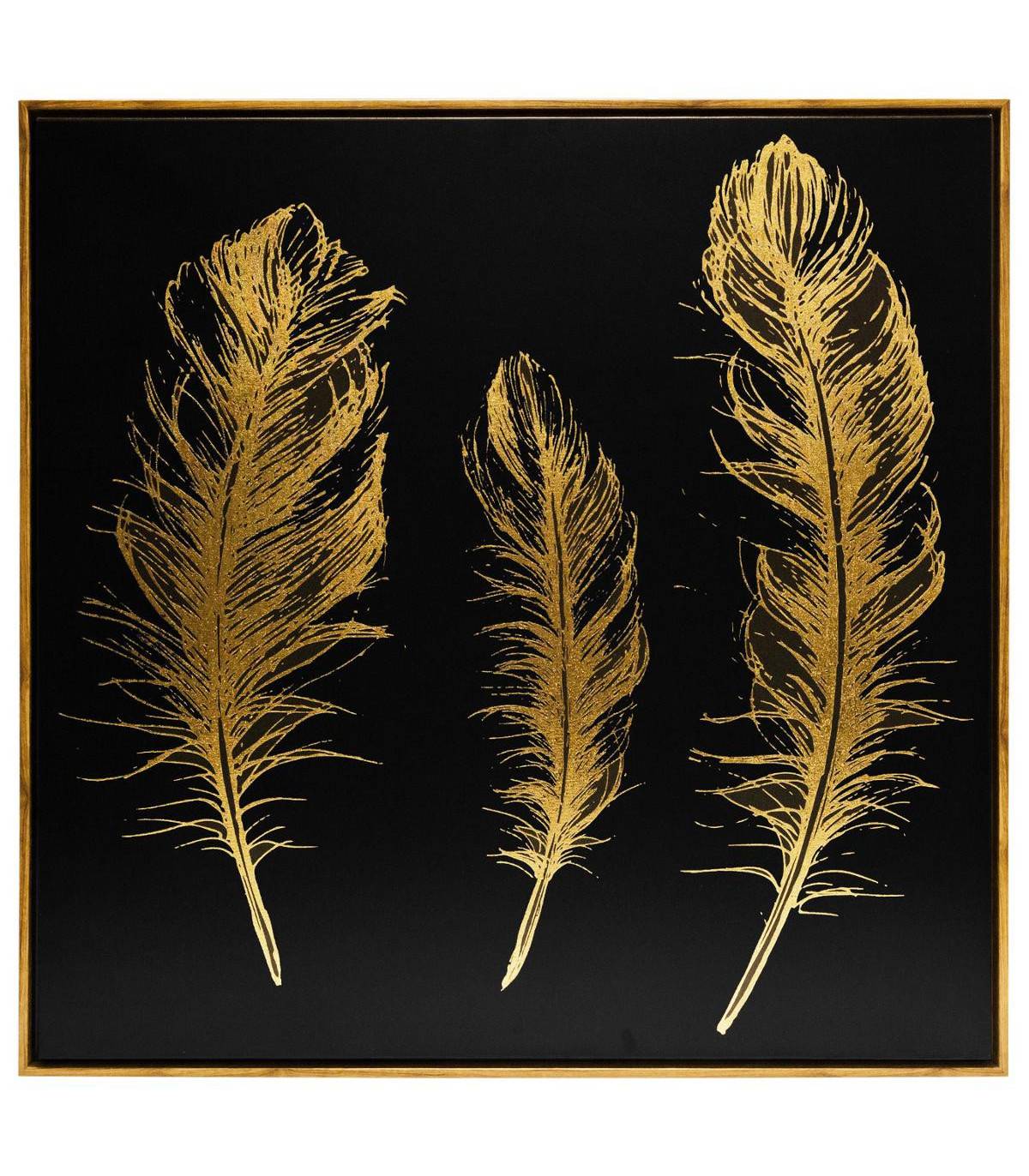 Toile peinte avec plumes dorées et cadre effet bois 78 x 78 cm - Image 1
