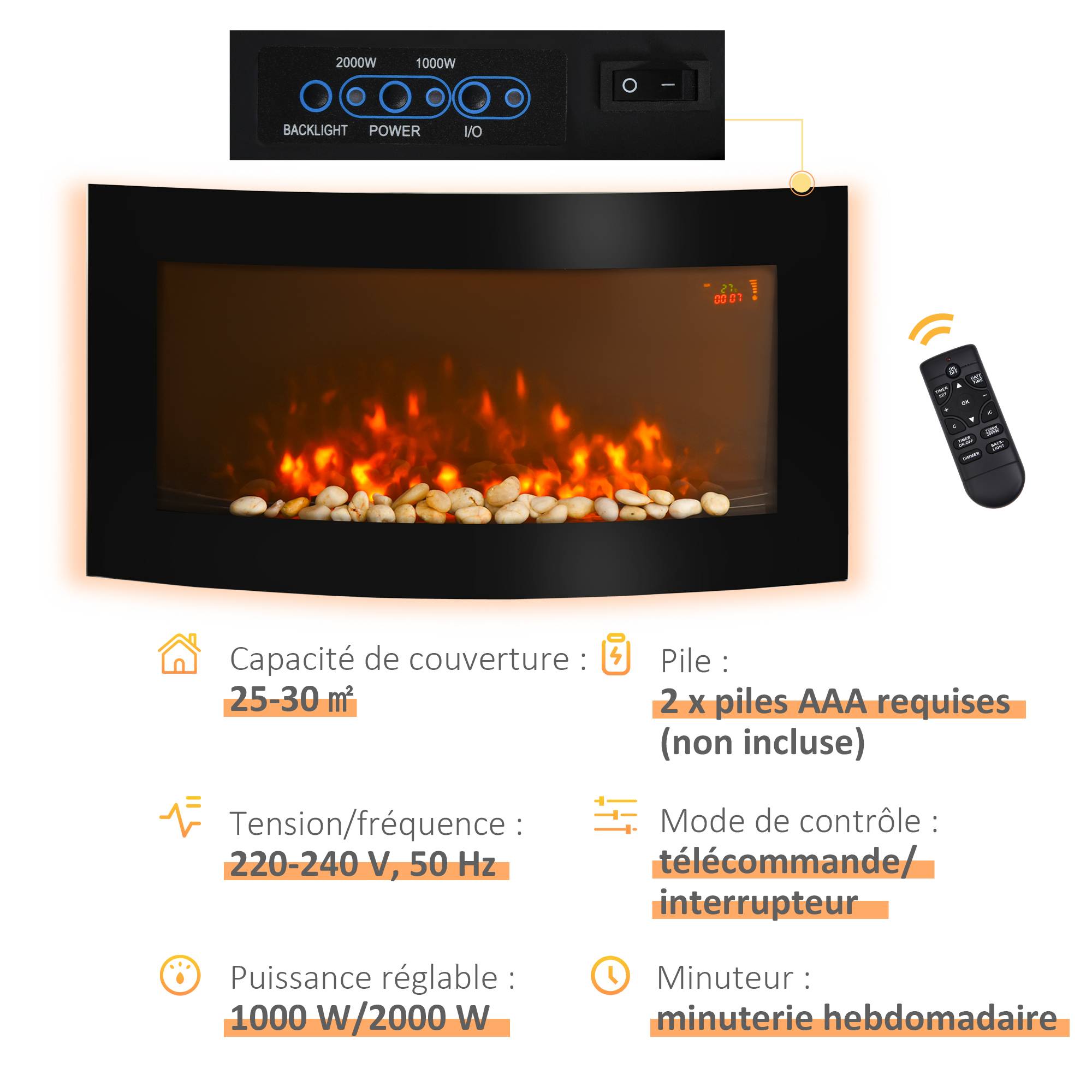 Cheminée électrique murale 1000/2000 W, éclairages latéraux LED, affichage LED, luminosité réglable, télécommande, minuterie, noire - Image 7