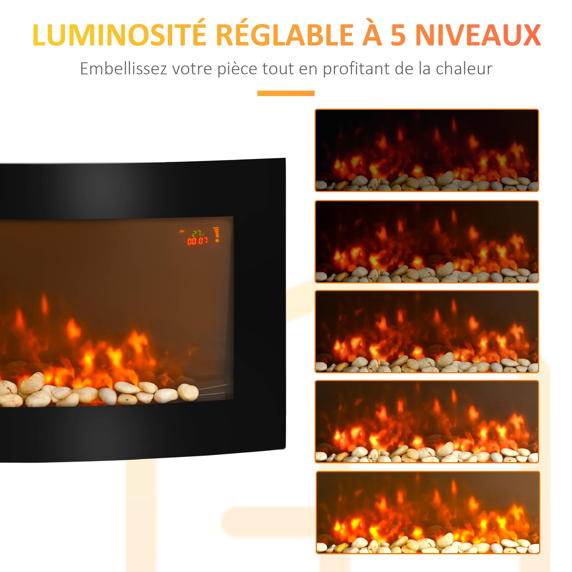 Cheminée électrique murale 1000/2000 W, éclairages latéraux LED, affichage LED, luminosité réglable, télécommande, minuterie, noire - Image 8