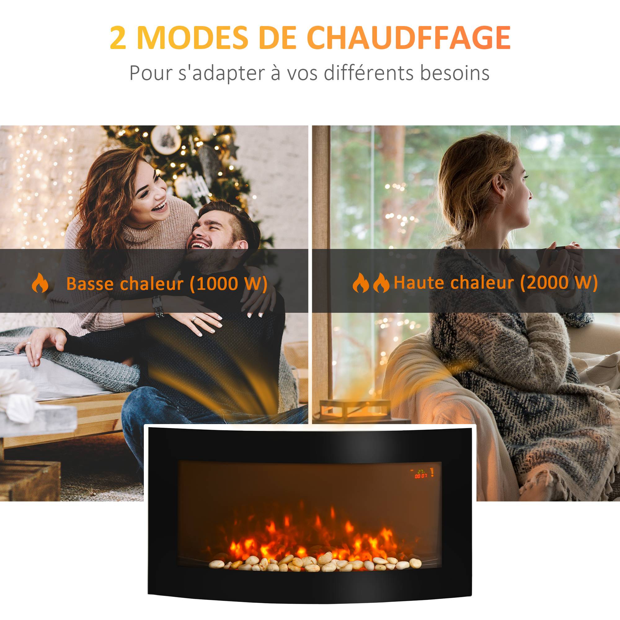Cheminée électrique murale 1000/2000 W, éclairages latéraux LED, affichage LED, luminosité réglable, télécommande, minuterie, noire - Image 6