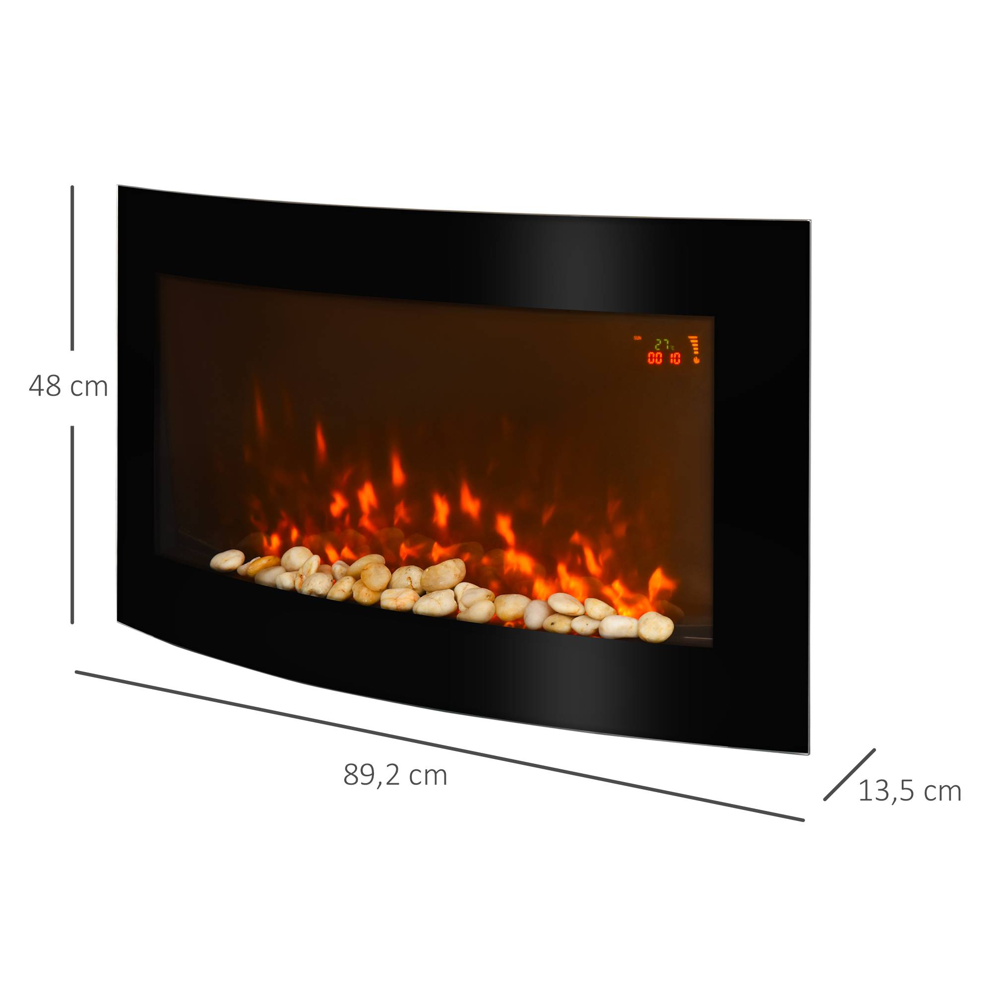 Cheminée électrique murale 1000/2000 W, éclairages latéraux LED, affichage LED, luminosité réglable, télécommande, minuterie, noire - Image 5