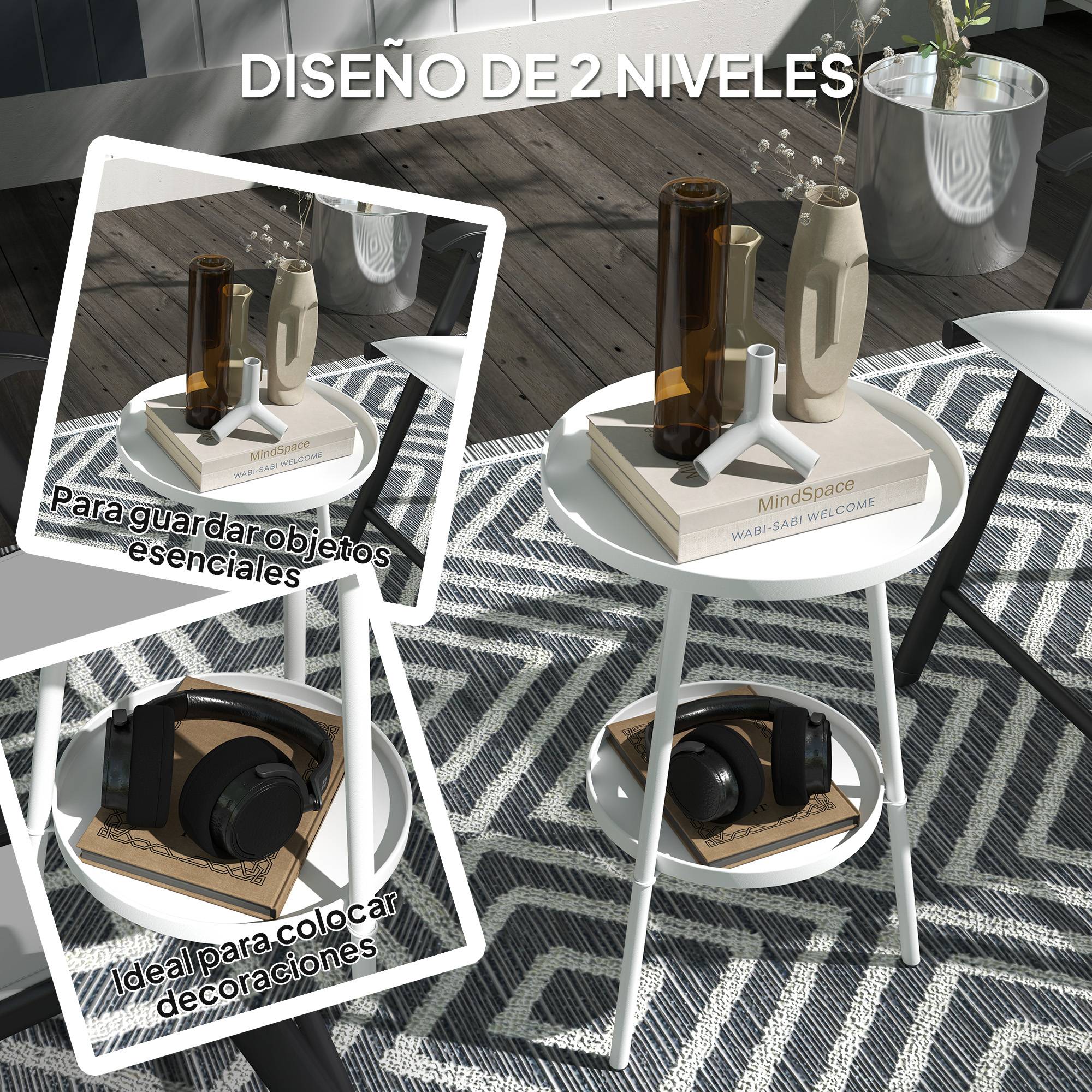 Table de jardin ronde 2 niveaux avec bords surélevés et plateau inférieur, extérieur intérieur Ø32x51 cm blanc - Image 6