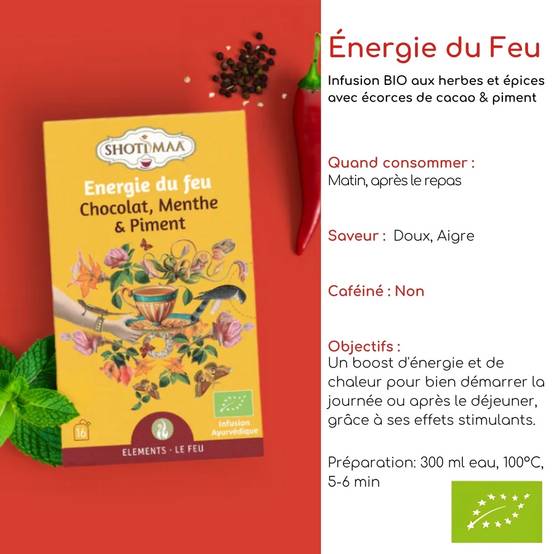 Tisane Bio ingrédients de qualité supérieure – Bien-Être Énergie du Feu pour Équilibre et Vitalité - Chocolat, Menthe et Piment - Image 2