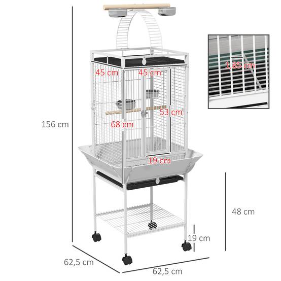 Volière oiseaux acier pour perroquets sur roulettes avec accessoires 62x62x156cm blanc - ComfortXL Outdoor Living - Image 5
