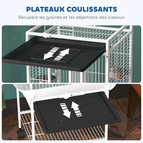 Volière oiseaux acier pour perroquets sur roulettes avec accessoires 62x62x156cm blanc - ComfortXL Outdoor Living - Image 6