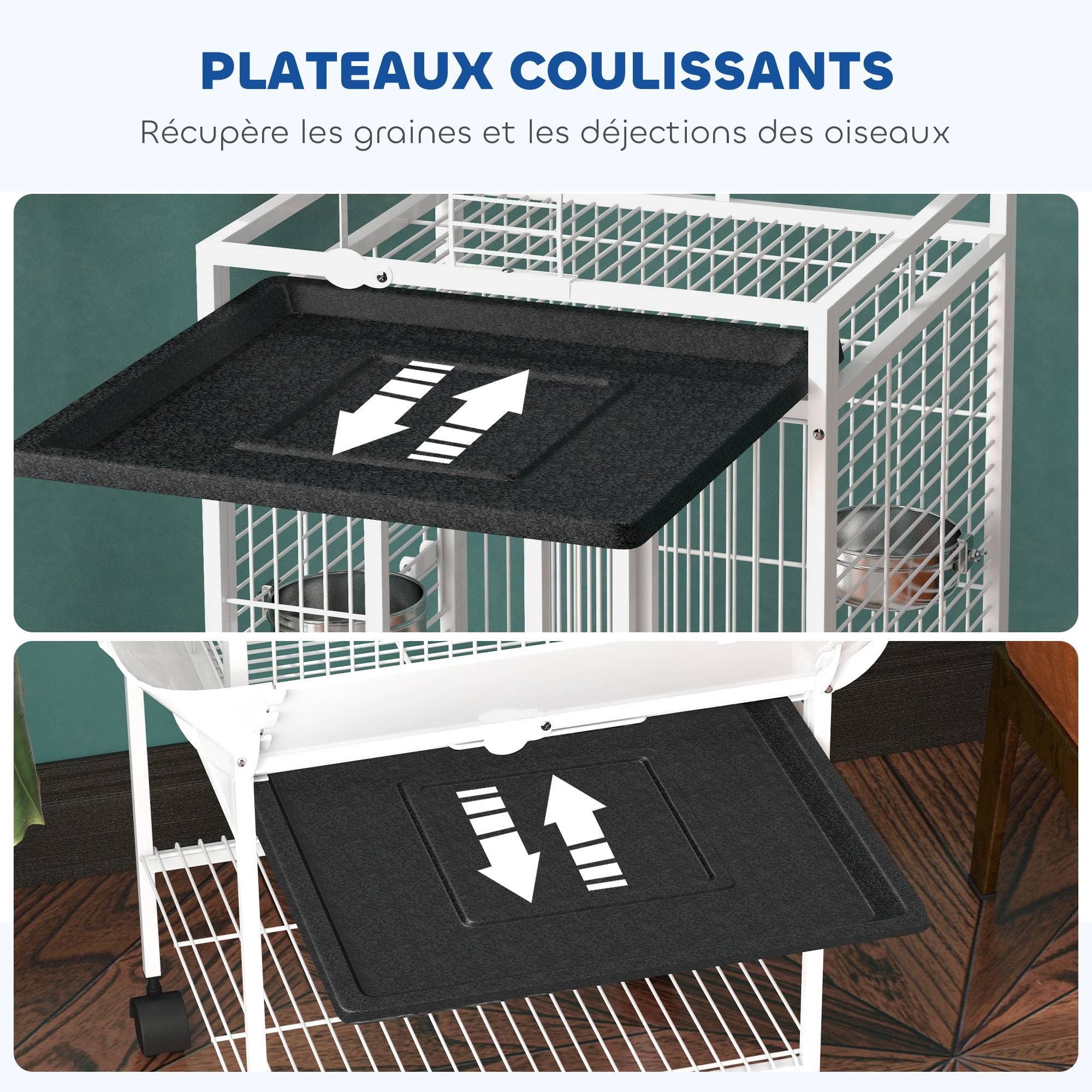 Volière oiseaux acier pour perroquets sur roulettes avec accessoires 62x62x156cm blanc - ComfortXL Outdoor Living - Image 6