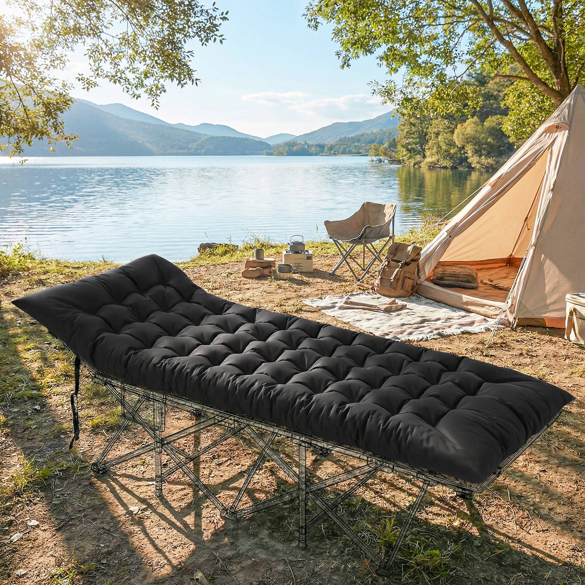 Tapis de camping noir pliable antidérapant sangles pour lit de camp tente voyage, isolation confort - Image 4