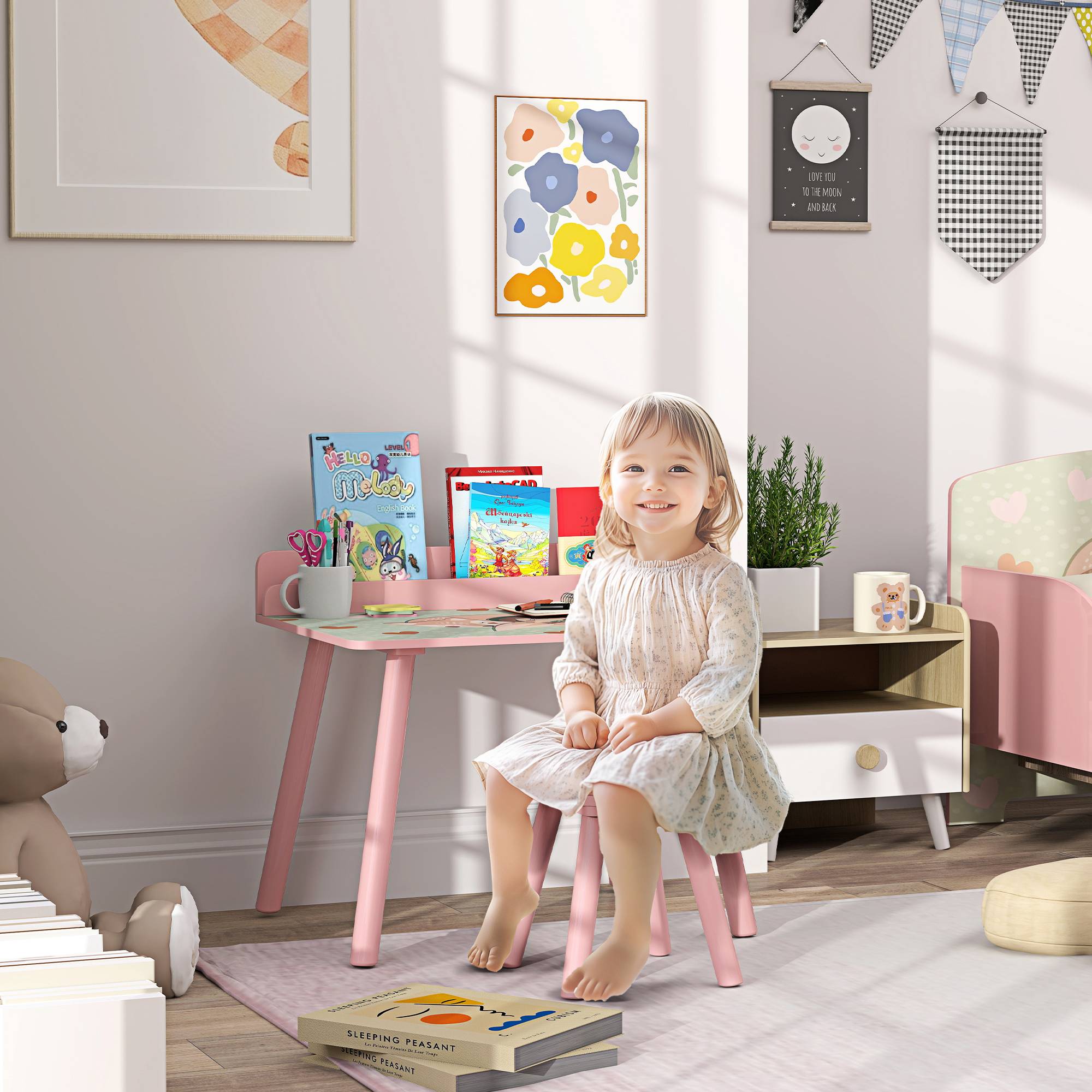 Table enfant avec chaise et étagère livres, bureau +3 ans pour salle de jeu, rose - Image 3