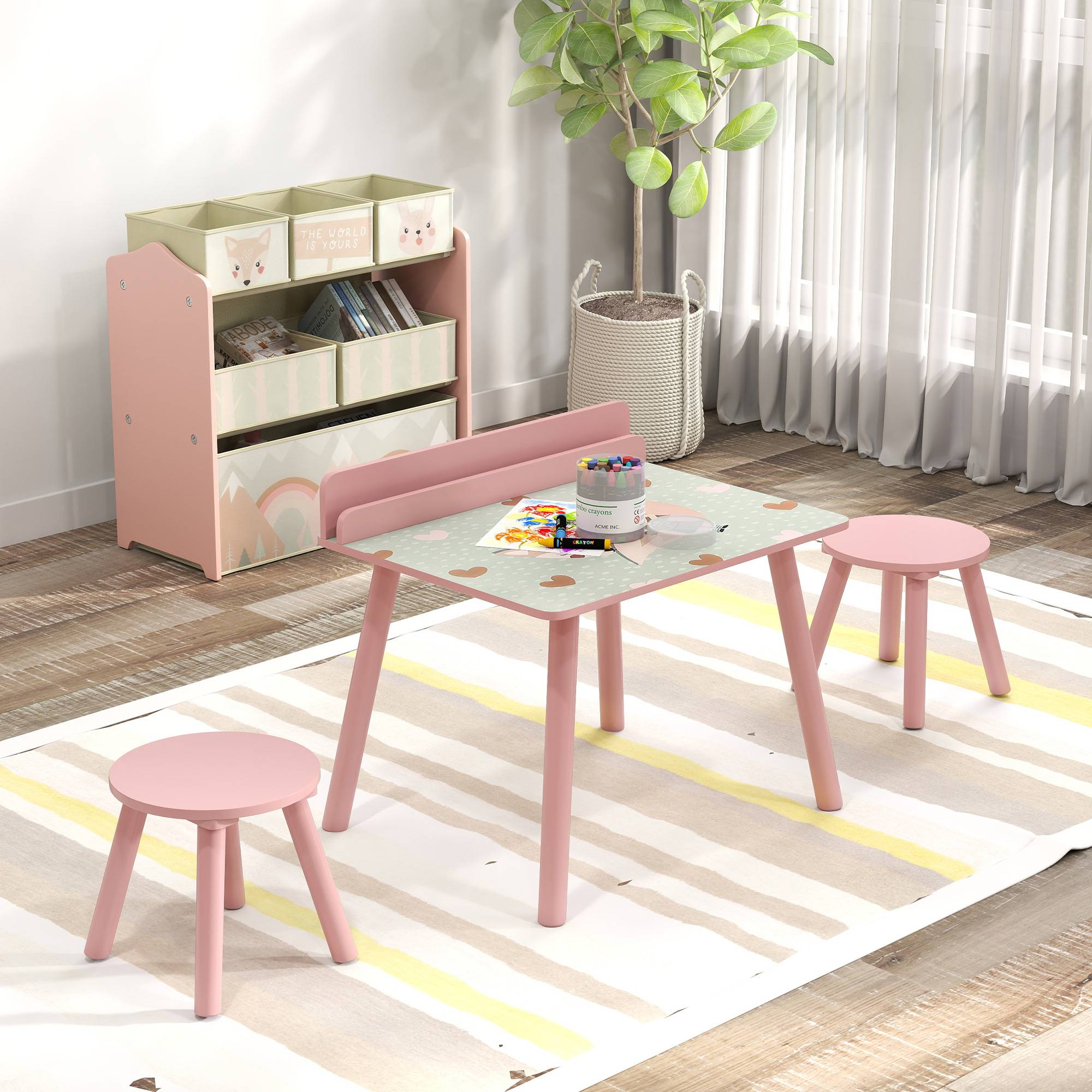 Table enfant avec chaise et étagère livres, bureau +3 ans pour salle de jeu, rose - Image 10