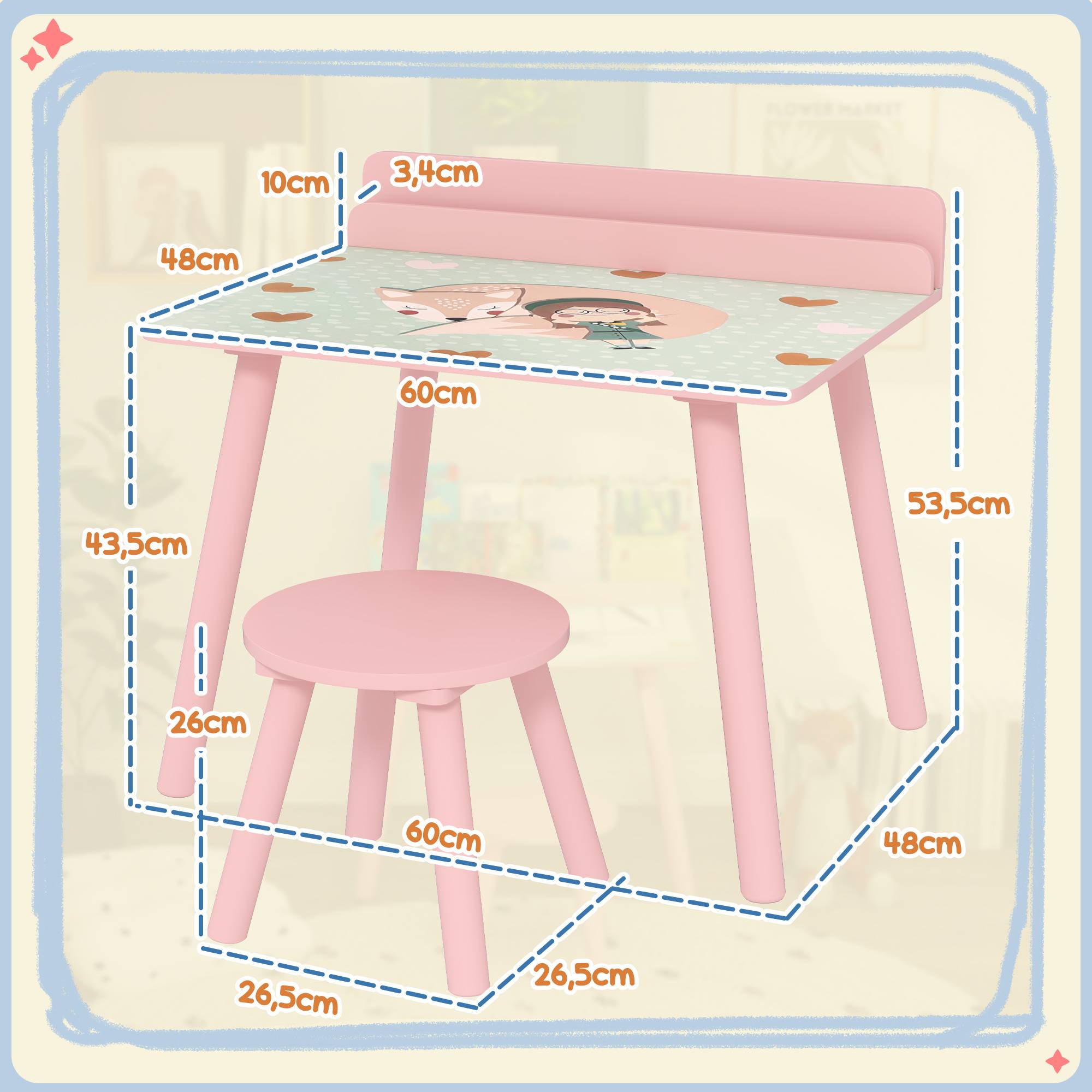 Table enfant avec chaise et étagère livres, bureau +3 ans pour salle de jeu, rose - Image 5