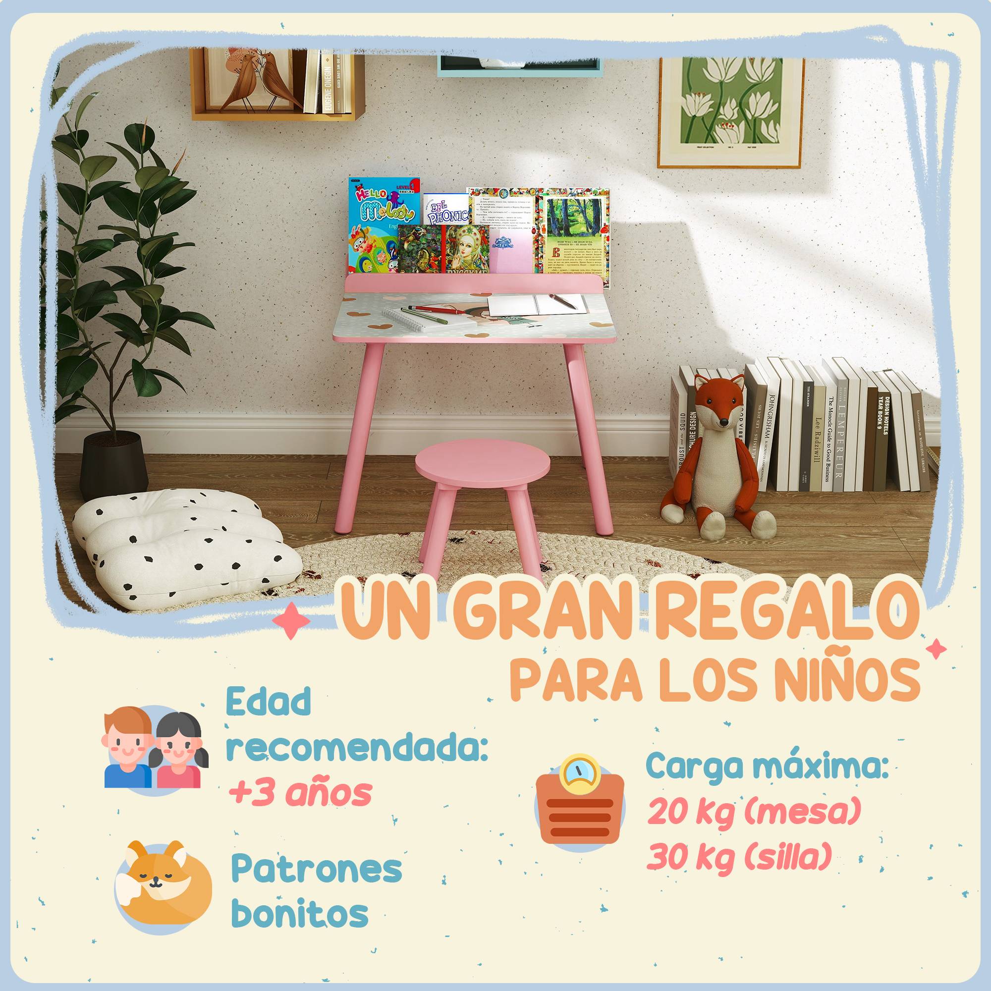 Table enfant avec chaise et étagère livres, bureau +3 ans pour salle de jeu, rose - Image 9