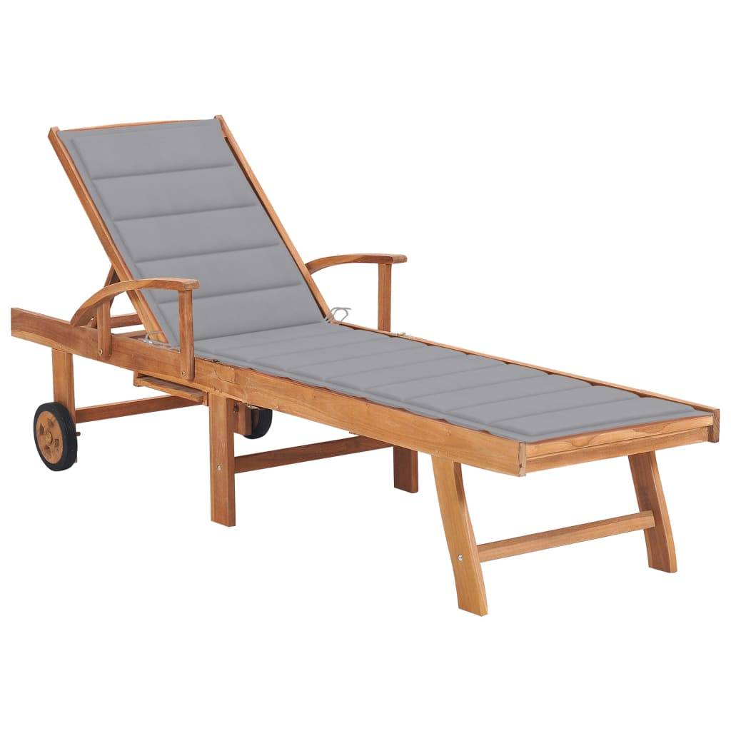 Helloshop26 - Transat chaise longue bain de soleil lit de jardin terrasse meuble d'extérieur avec coussin gris bois de teck solide - Image 1