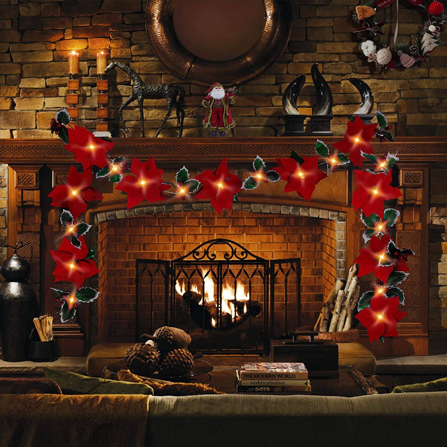 Décorations de guirlande de Noël – Décorations de guirlande de fleurs de Noël artificielles de poinsettias illuminées pré-éclairées de 6,56 pieds - Image 5