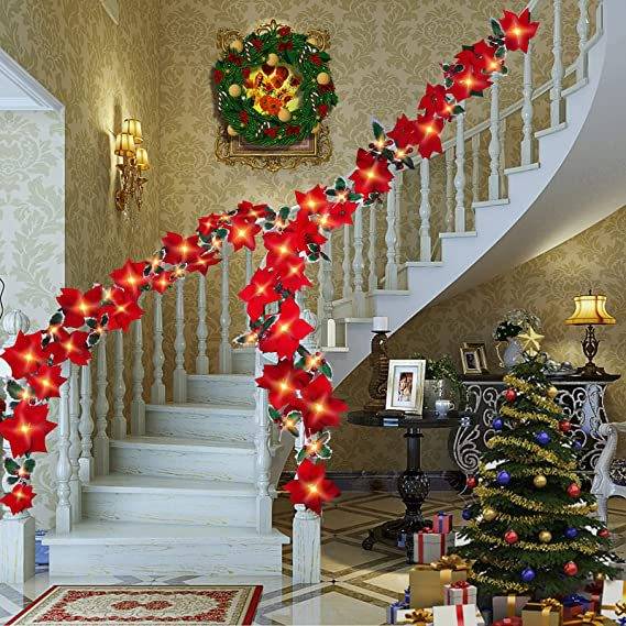 Décorations de guirlande de Noël – Décorations de guirlande de fleurs de Noël artificielles de poinsettias illuminées pré-éclairées de 6,56 pieds - Image 4