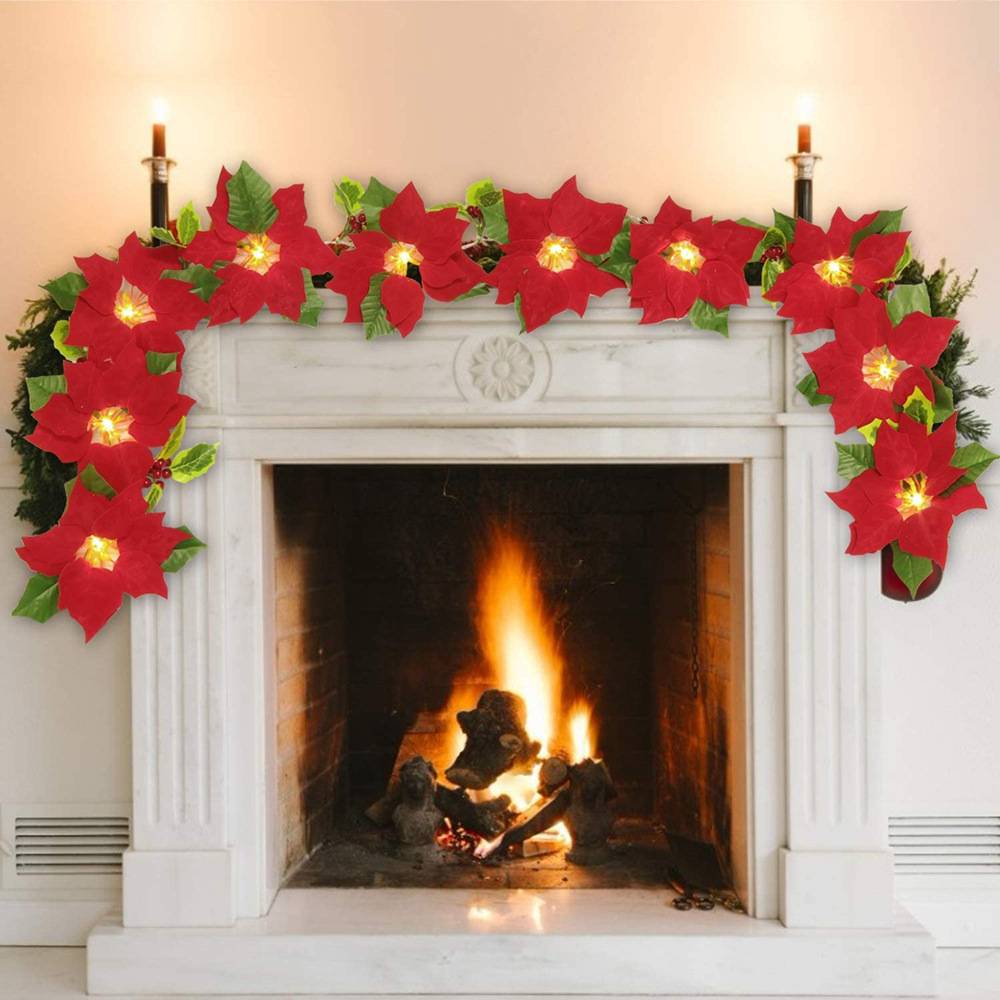 Décorations de guirlande de Noël – Décorations de guirlande de fleurs de Noël artificielles de poinsettias illuminées pré-éclairées de 6,56 pieds - Image 2