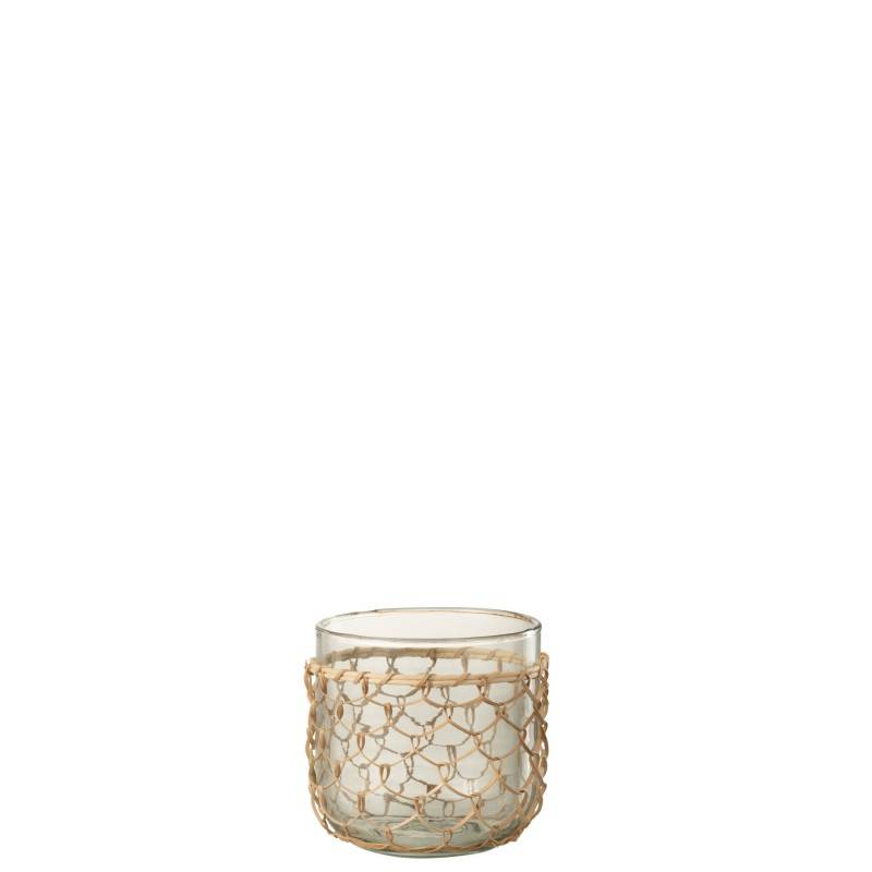 Photophore avec filet rotin en verre transparent 13x13x13 cm - J-Line