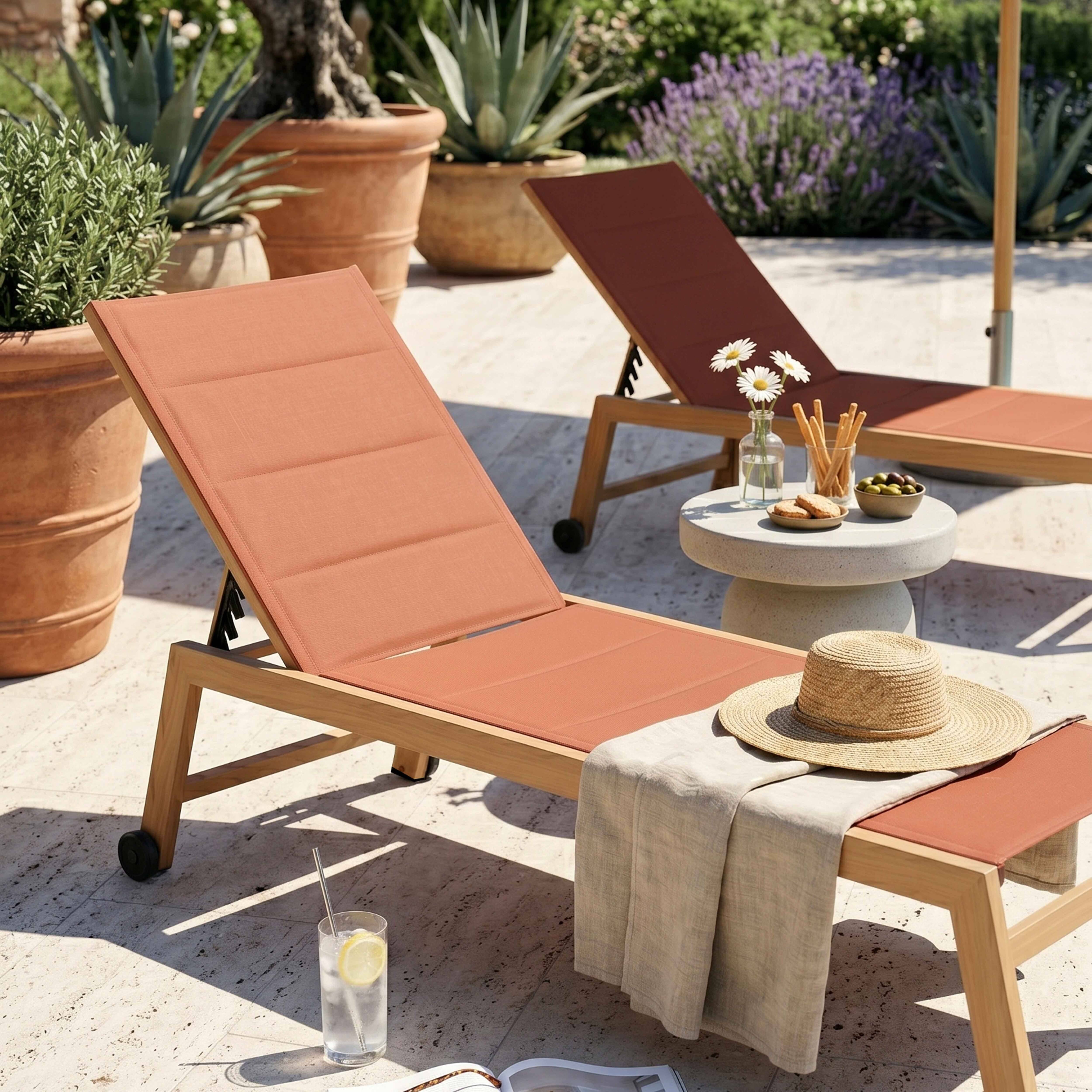 Oviala - Lot de 2 bains de soleil effet bois inclinable avec roues terracotta Futuna - Oviala - Image 3