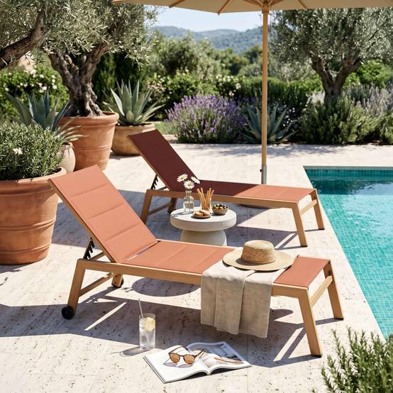 Oviala - Lot de 2 bains de soleil effet bois inclinable avec roues terracotta Futuna - Oviala - Image 2