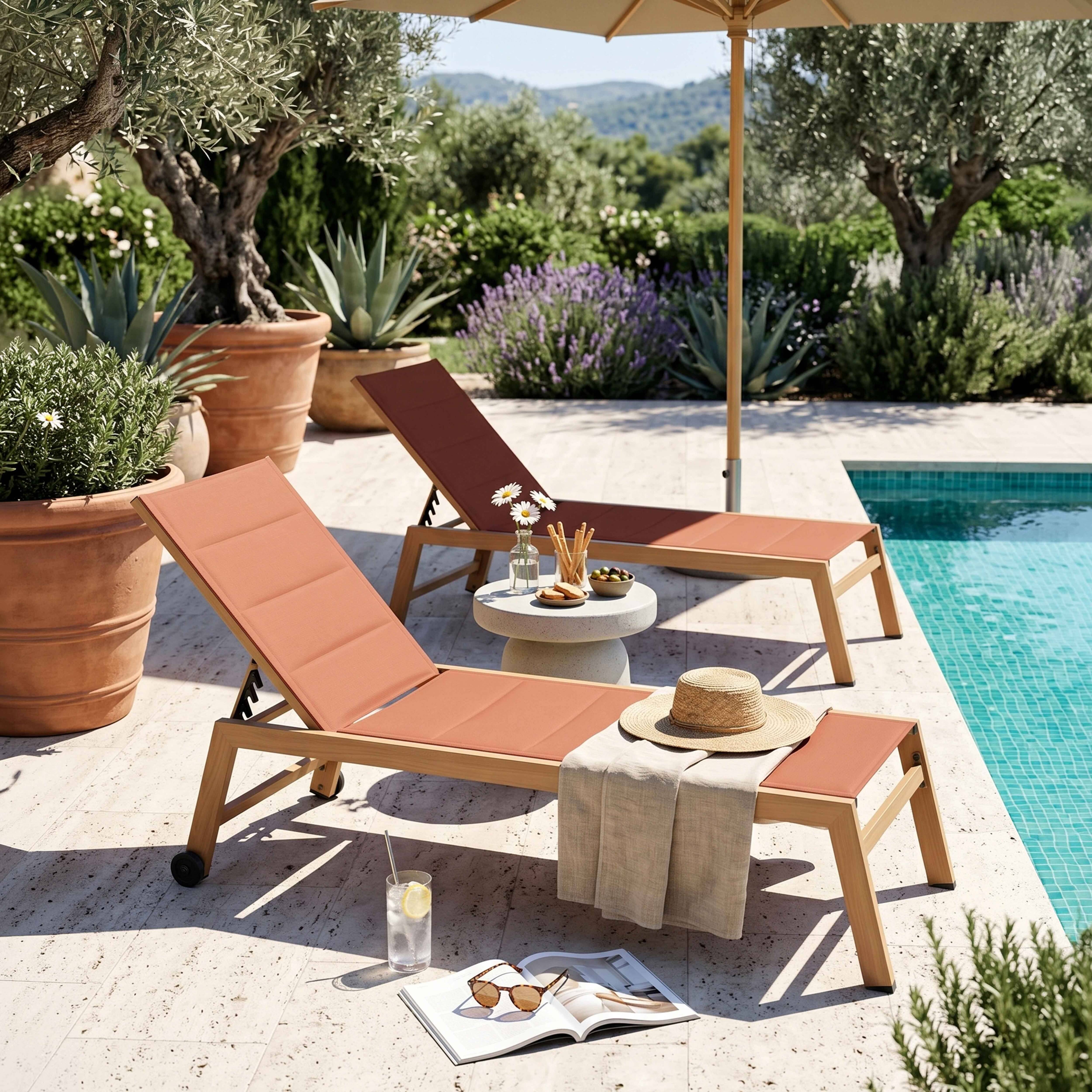 Oviala - Lot de 2 bains de soleil effet bois inclinable avec roues terracotta Futuna - Oviala - Image 2