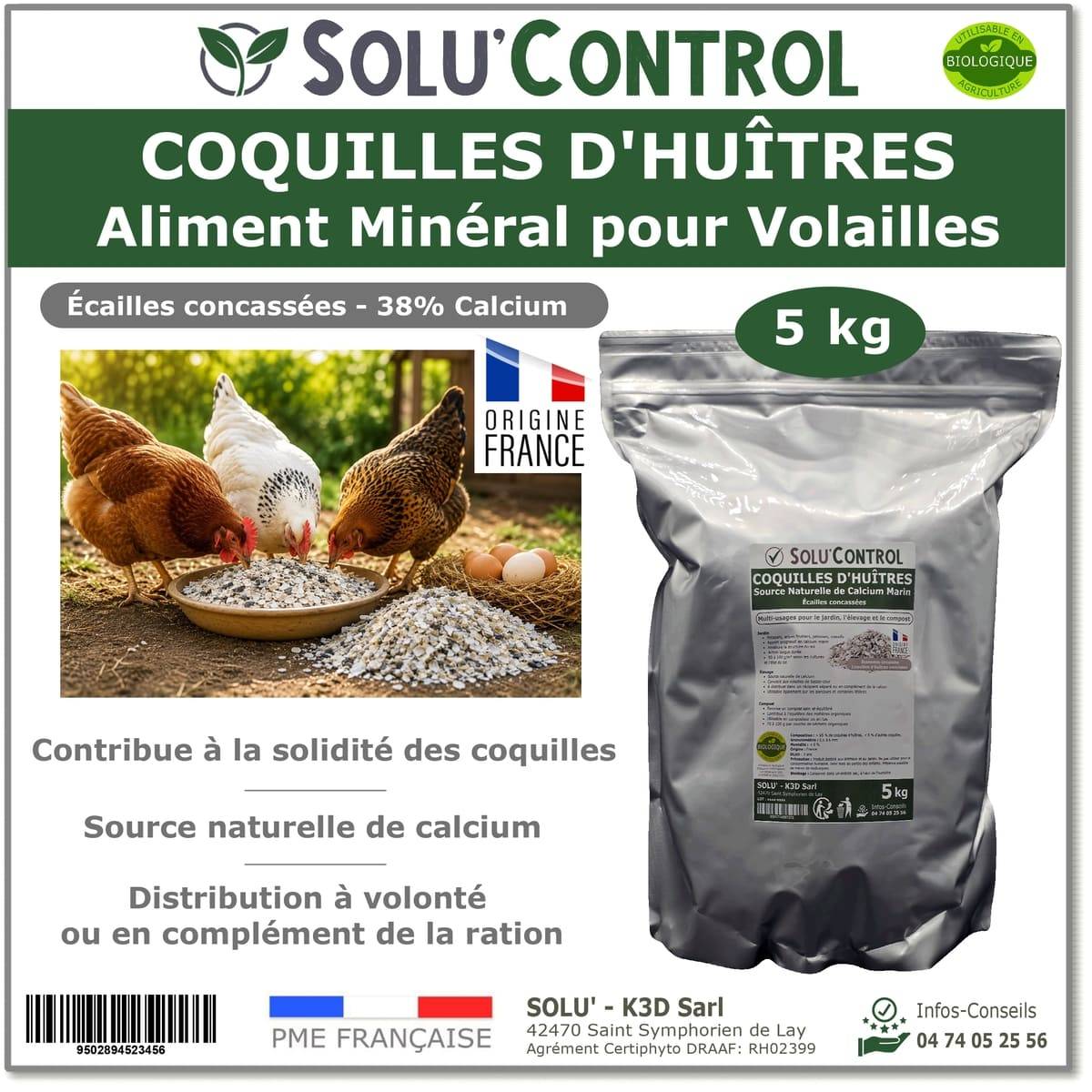 5 kg Écailles de Coquilles d'Huîtres pour Volailles (Poules, oies, ...) - SOLU'CONTROL - Aliment Minéral- 38% Calcium - Image 1