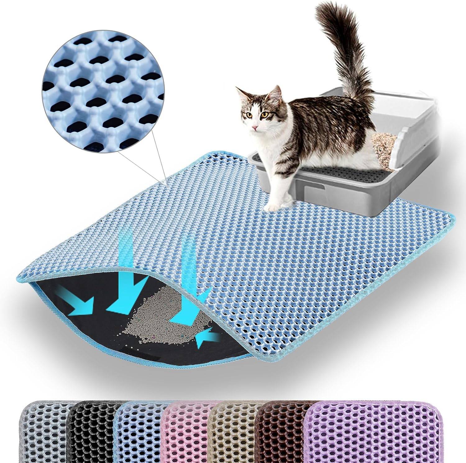 Tapis de litière pour chat, double couche, nid d'abeille, antidérapant, imperméable et anti-urine, accessoire pour chat, 70*120 cm, bleu-Lytech - Image 1