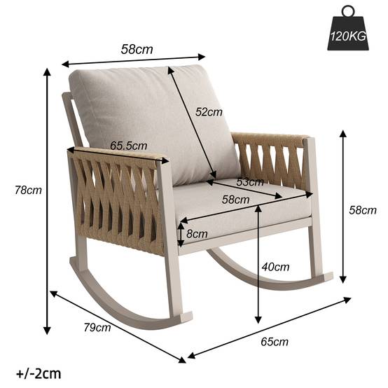 Fauteuil à bascule métal et corde jardin terrasse bascule douce 65x79x78cm Beige - ComfortXL Outdoor Living - Image 3