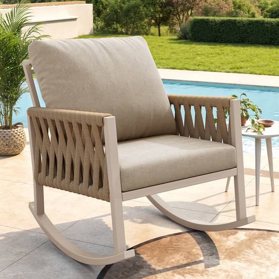 Fauteuil à bascule métal et corde jardin terrasse bascule douce 65x79x78cm Beige - ComfortXL Outdoor Living - Image 1