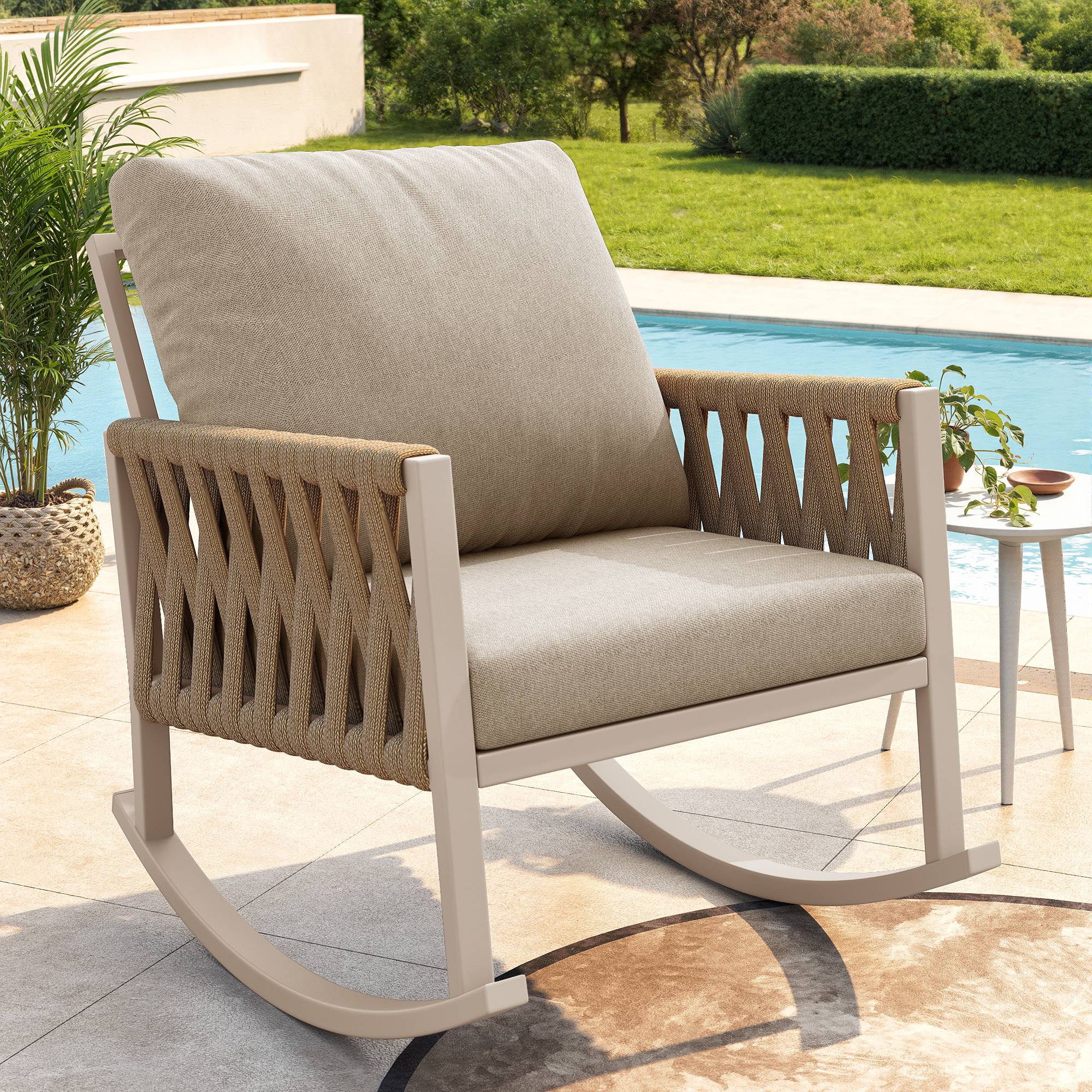 Fauteuil à bascule métal et corde jardin terrasse bascule douce 65x79x78cm Beige - ComfortXL Outdoor Living - Image 1
