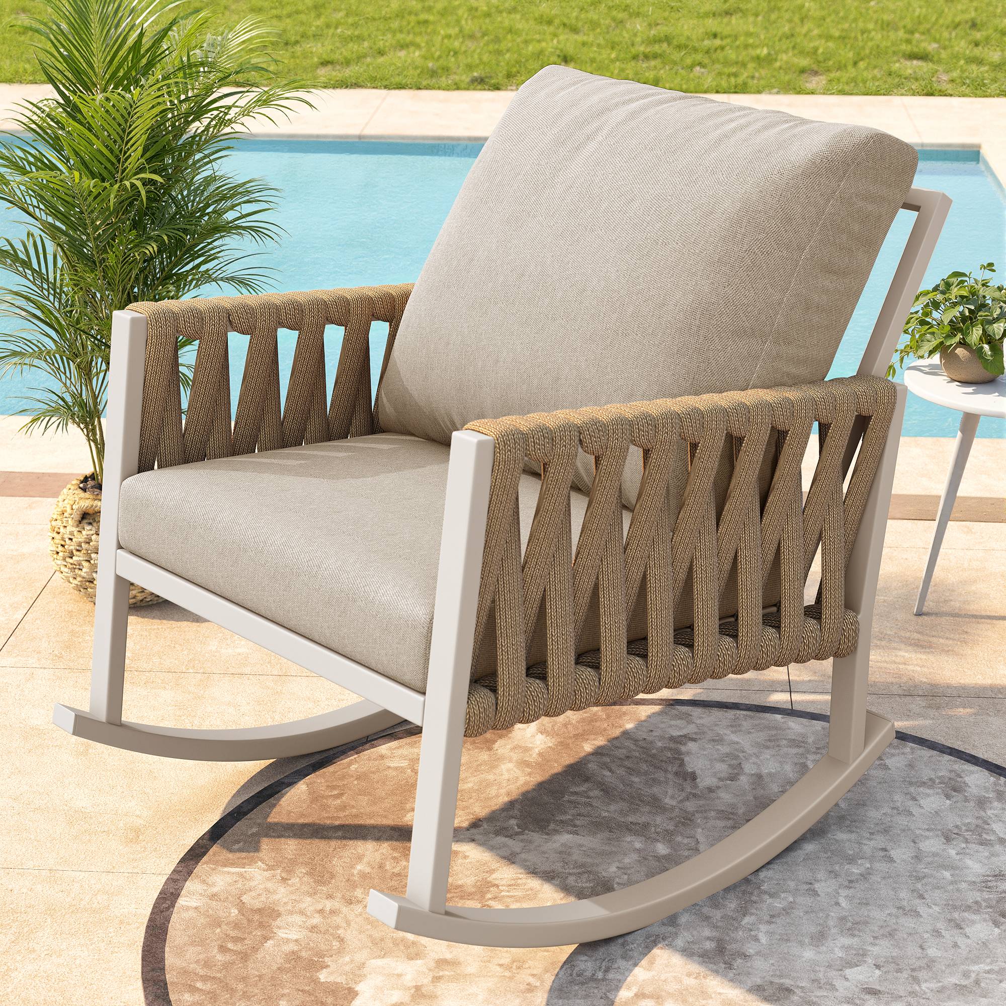 Fauteuil à bascule métal et corde jardin terrasse bascule douce 65x79x78cm Beige - ComfortXL Outdoor Living - Image 9