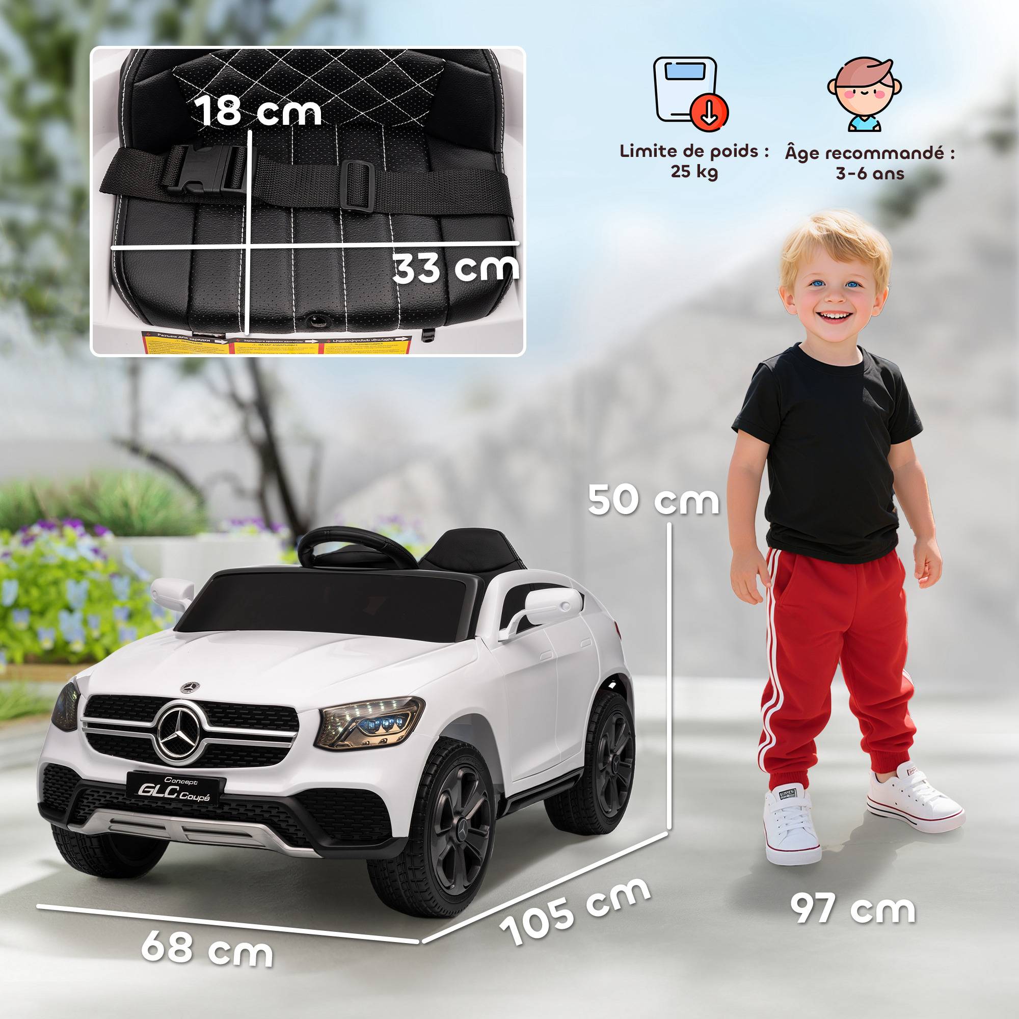 Voiture électrique enfants, véhicule électrique 12V, télécommande 2,4G, 3 vitesses, démarrage lent, 105x68x50cm, blanc - Image 5