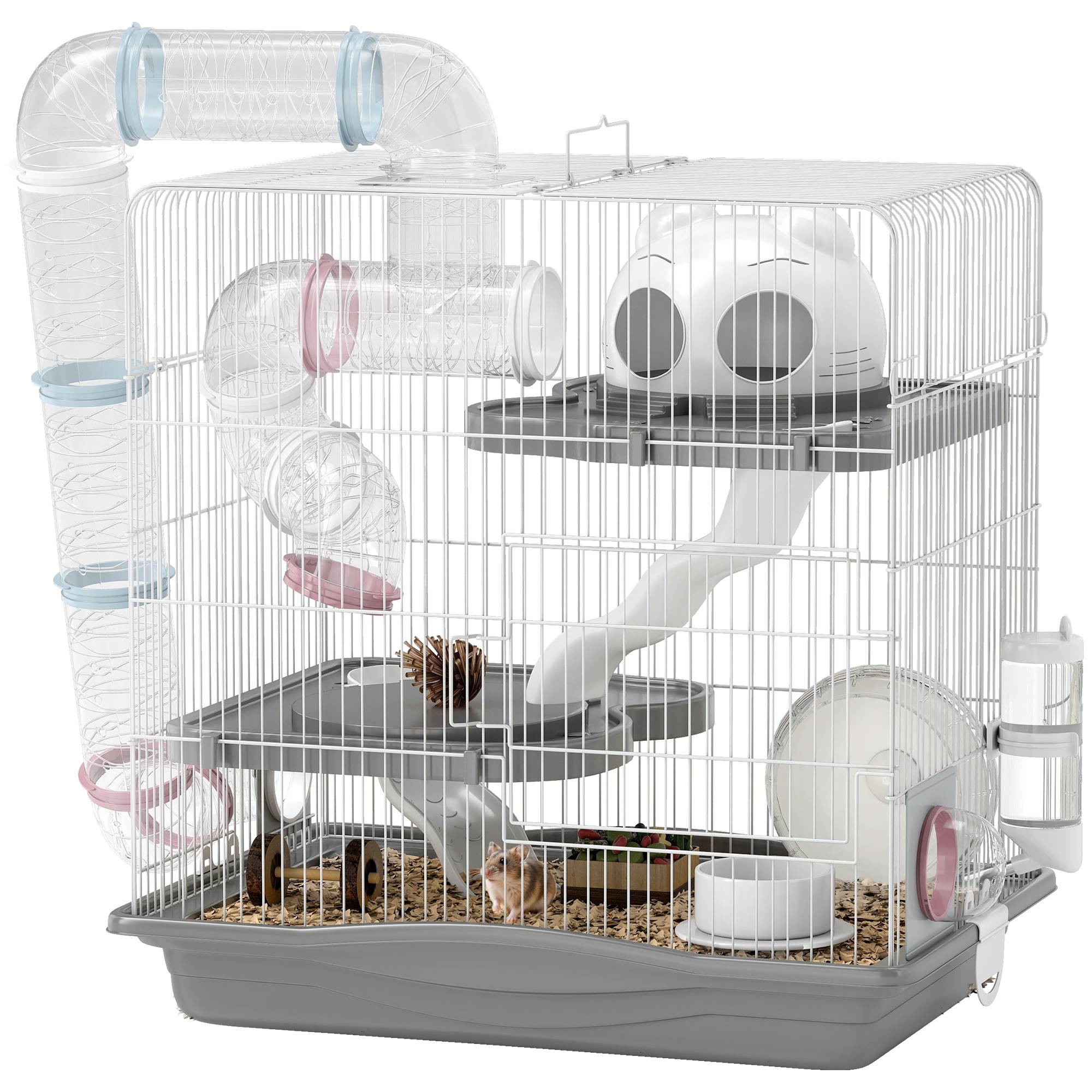 Cage hamster métal 3 niveaux tubes transparents modulables 45x30x45cm Gris - ComfortXL Outdoor Living