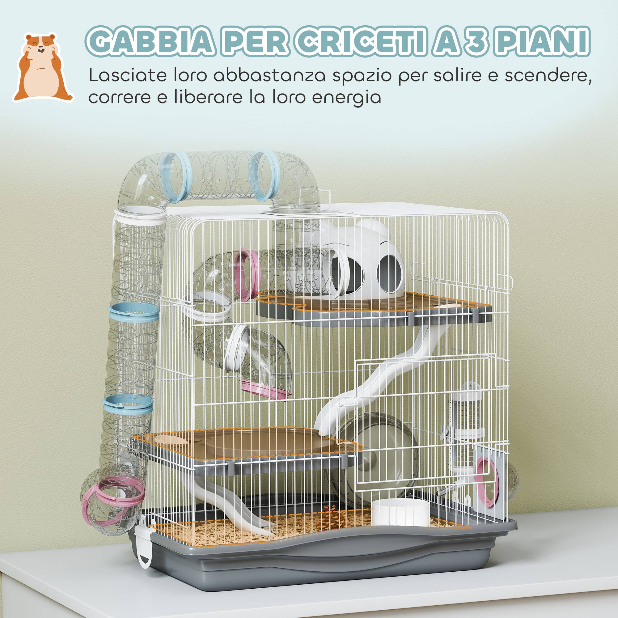 Cage hamster métal 3 niveaux tubes transparents modulables 45x30x45cm Gris - ComfortXL Outdoor Living - Image 6