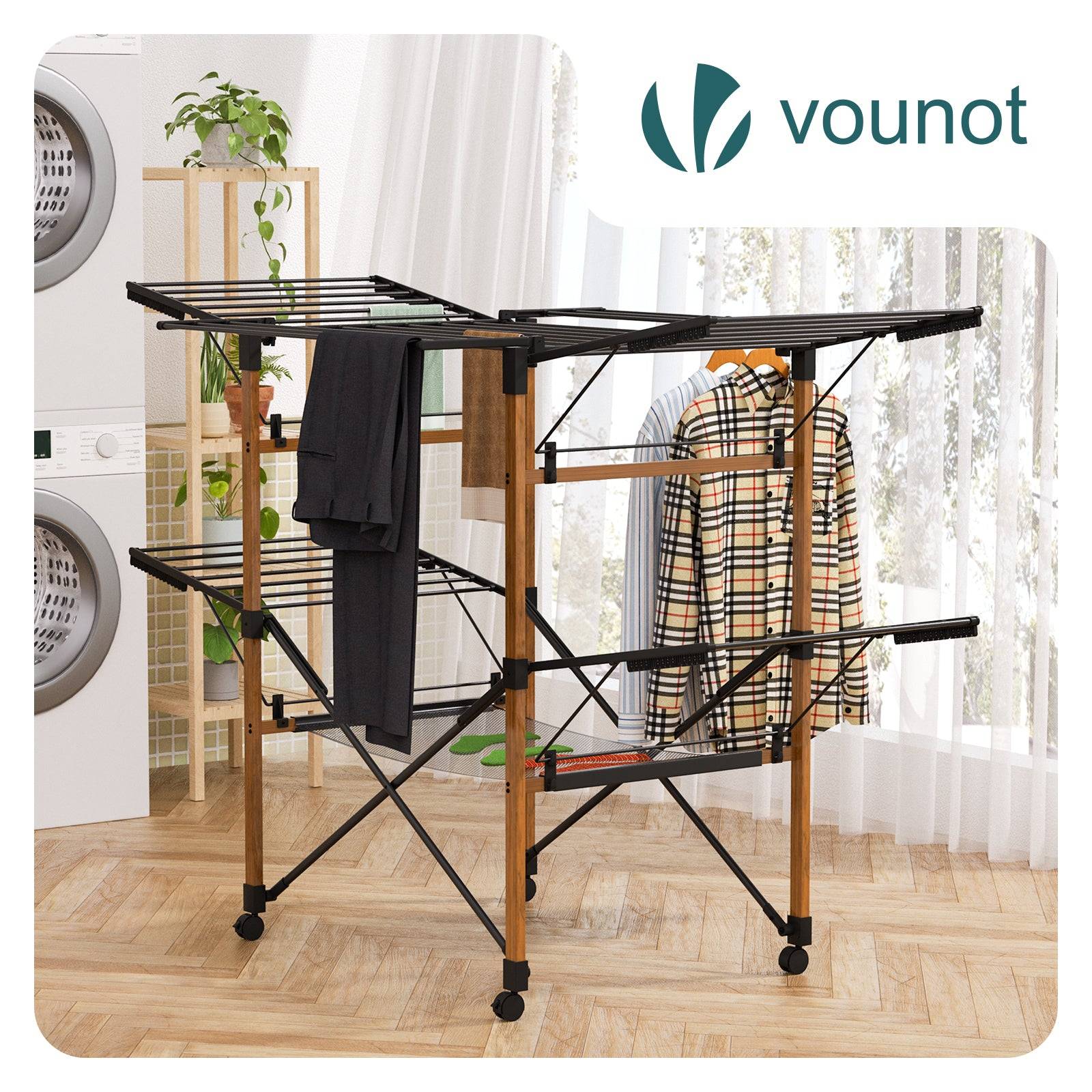 Vounot - Étendoir à linge pliable 173x94x123cm, Séchoir grande capacité avec roulettes et maille, 30m d’étendage, Noir effet bois, VOUNOT® - Image 2