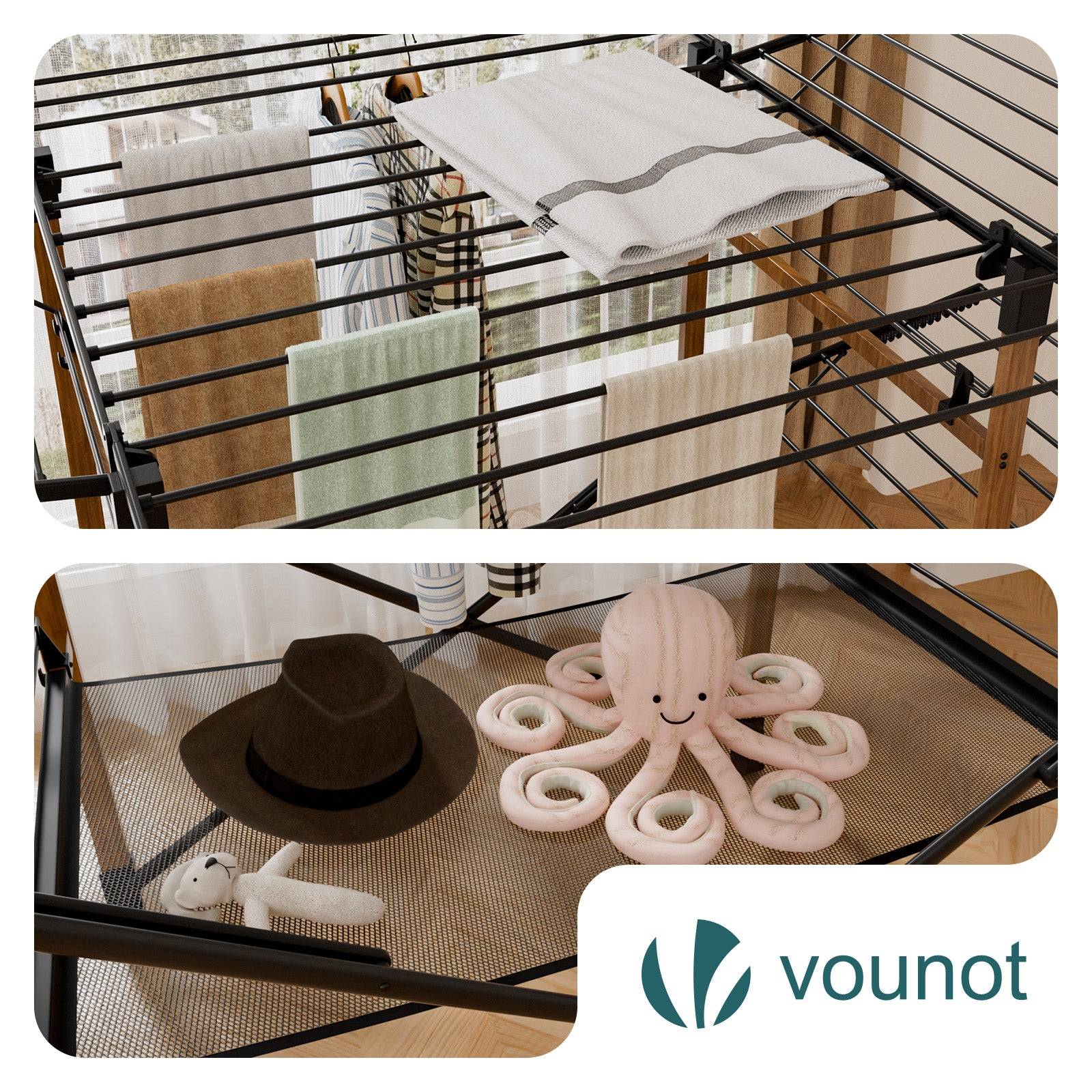 Vounot - Étendoir à linge pliable 173x94x123cm, Séchoir grande capacité avec roulettes et maille, 30m d’étendage, Noir effet bois, VOUNOT® - Image 4