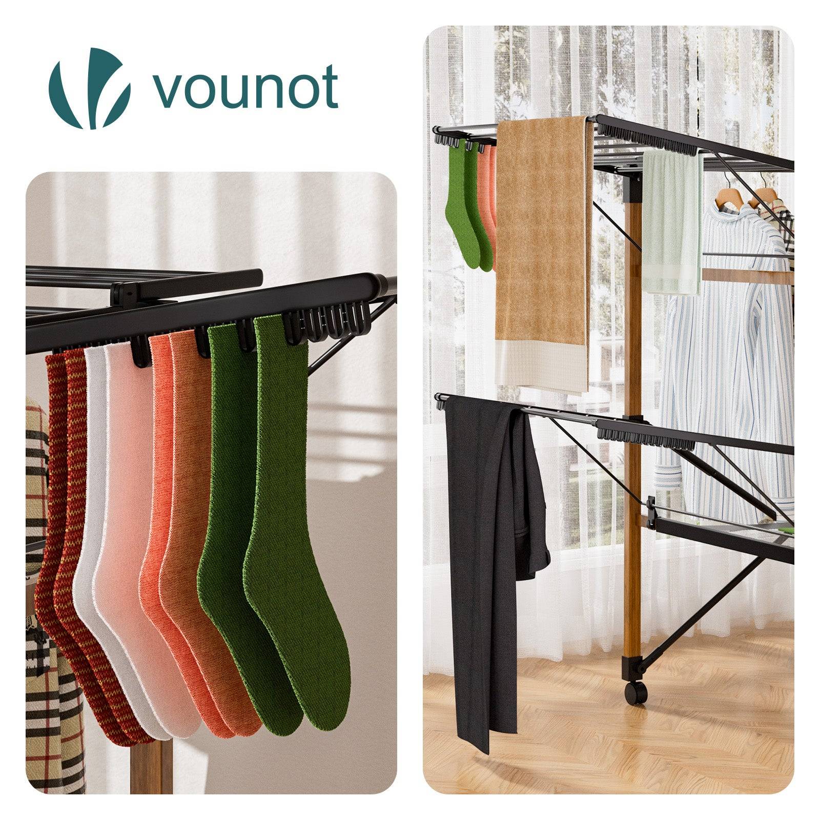 Vounot - Étendoir à linge pliable 173x94x123cm, Séchoir grande capacité avec roulettes et maille, 30m d’étendage, Noir effet bois, VOUNOT® - Image 5