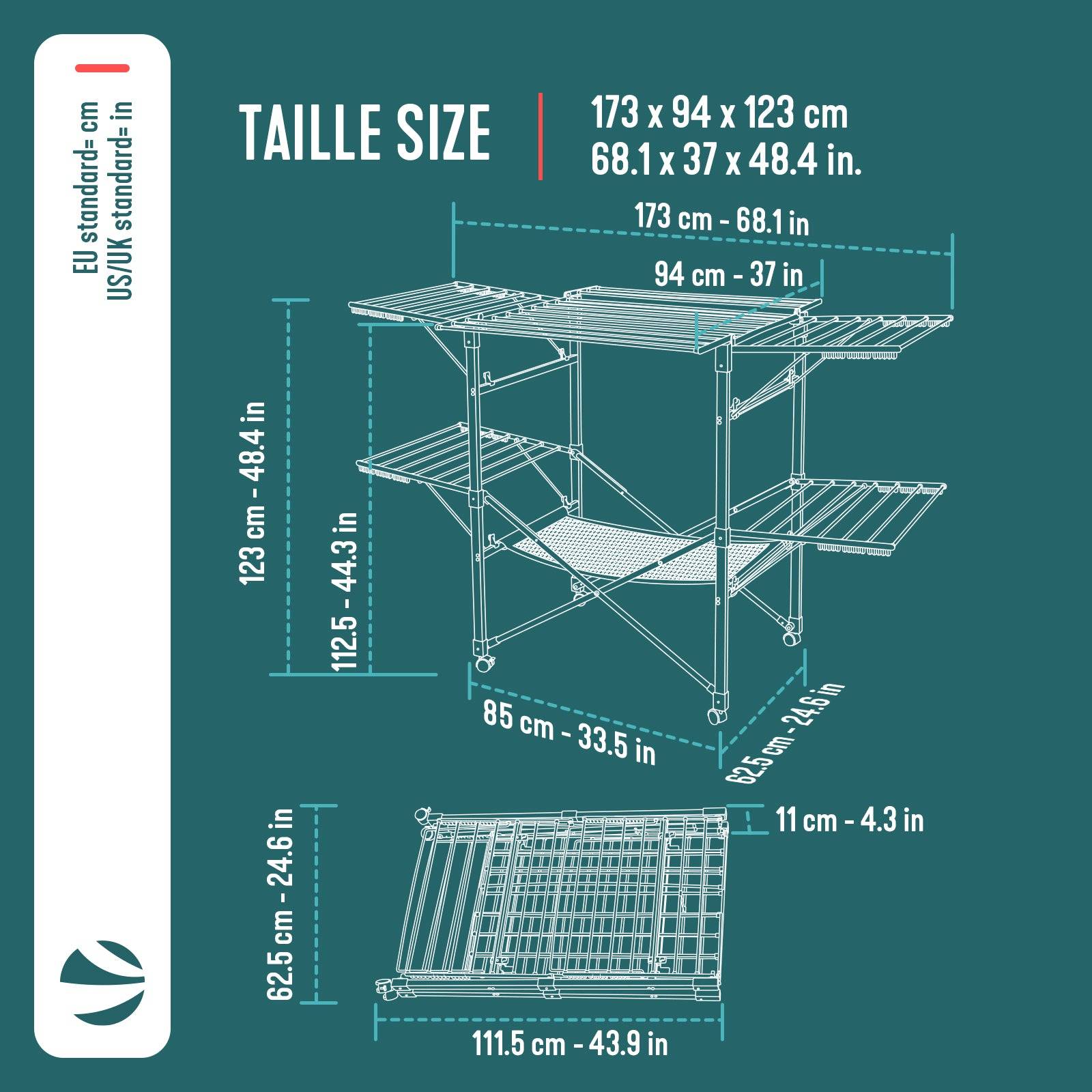 Vounot - Étendoir à linge pliable 173x94x123cm, Séchoir grande capacité avec roulettes et maille, 30m d’étendage, Noir effet bois, VOUNOT® - Image 3