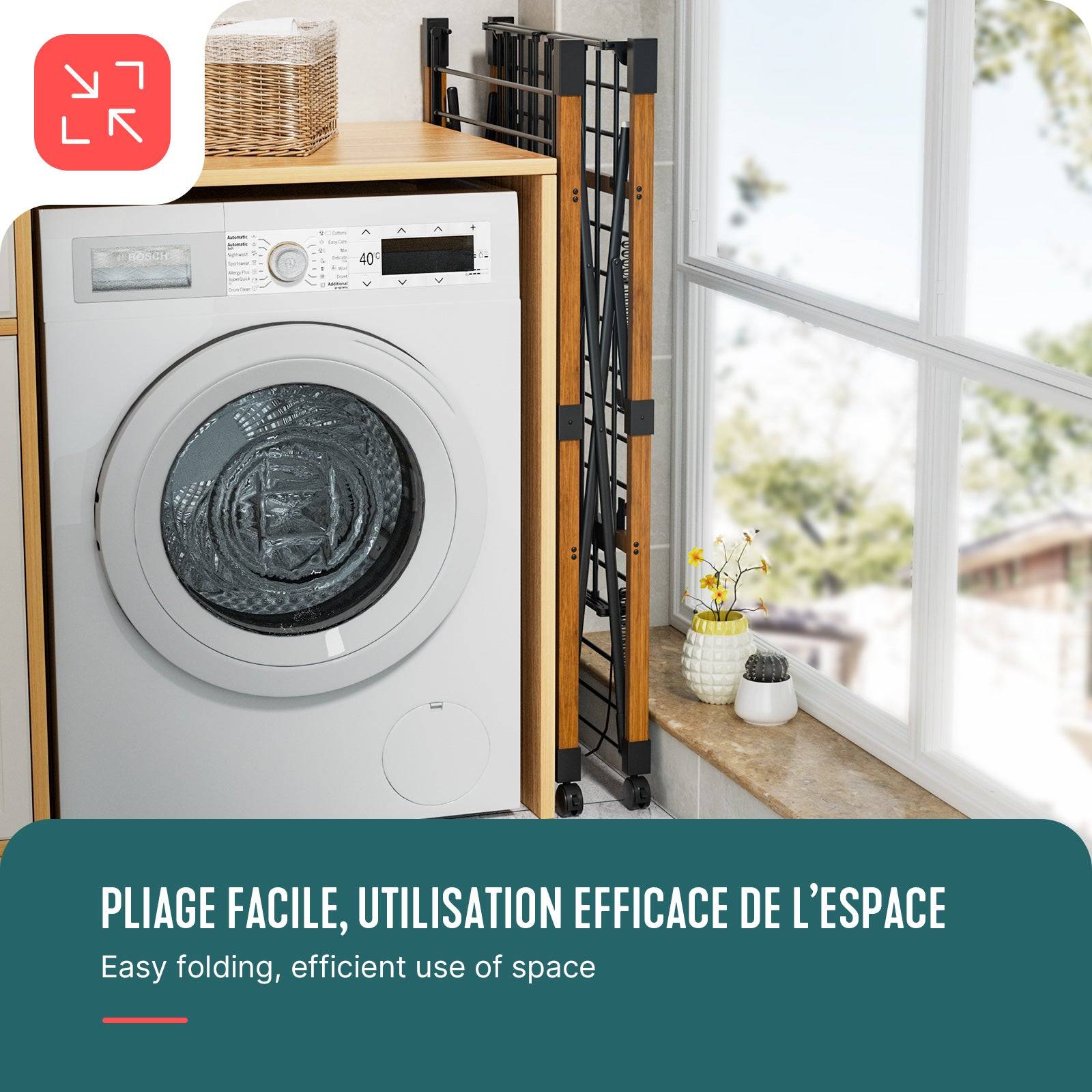 Vounot - Étendoir à linge pliable 173x94x123cm, Séchoir grande capacité avec roulettes et maille, 30m d’étendage, Noir effet bois, VOUNOT® - Image 6